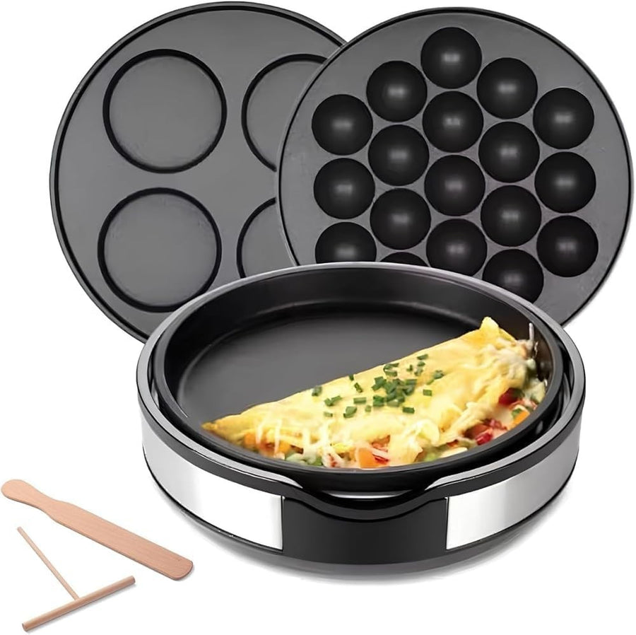 3-in-1 Crepe Maker Griddle | Nonstick Hot Plate with Temp Control + 2 Plates