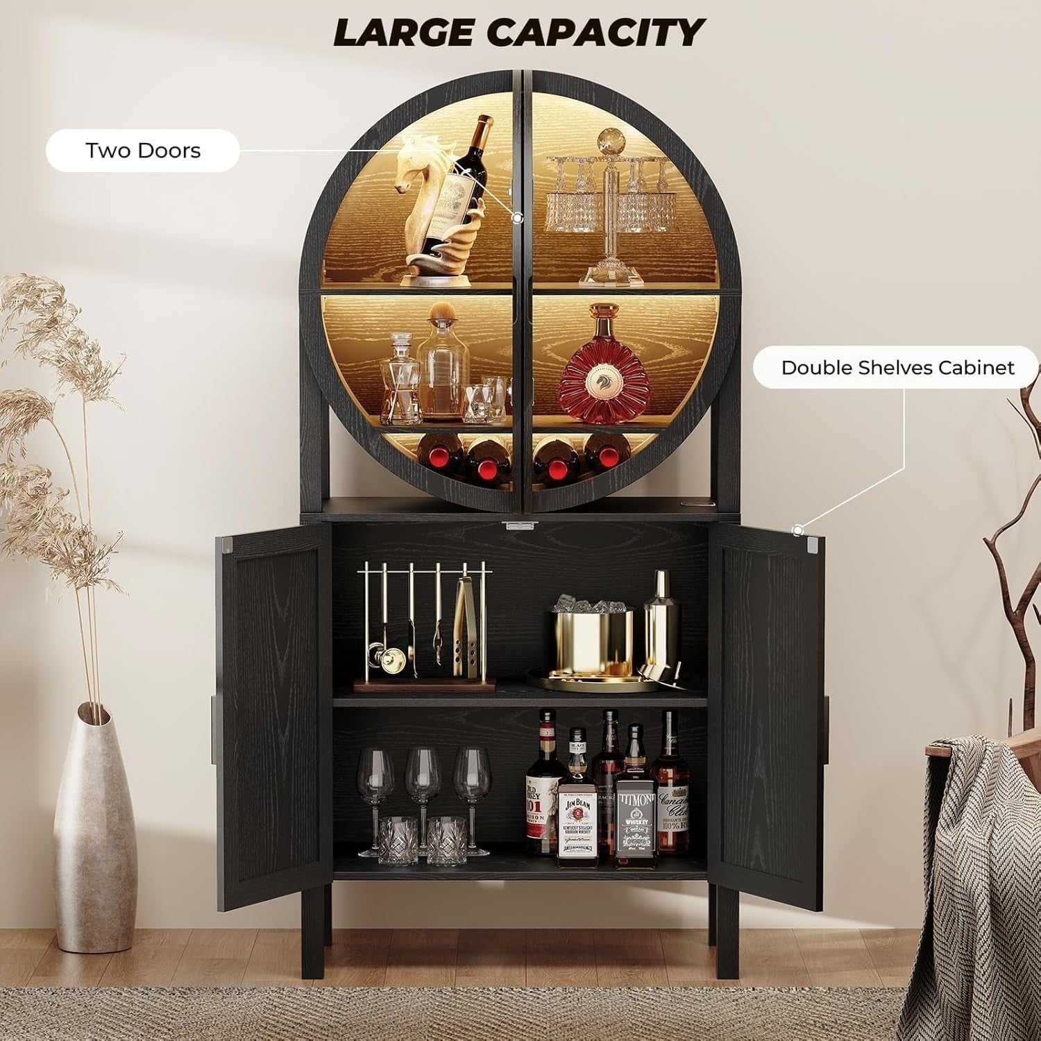 Round Wine Bar Cabinet with LED Lights, Tall Drinks Display Storage Unit, Black
