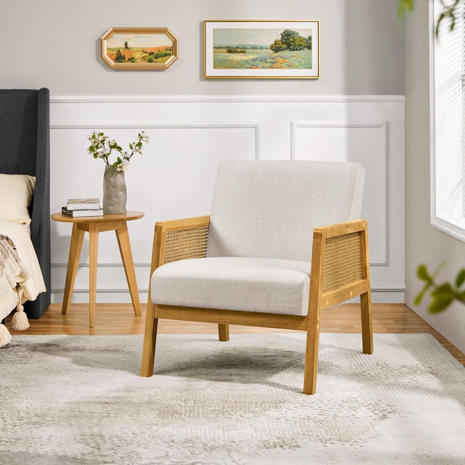 Linen Fabric Accent Armchair Modern Indoor Lounge Chair with Cane Sides