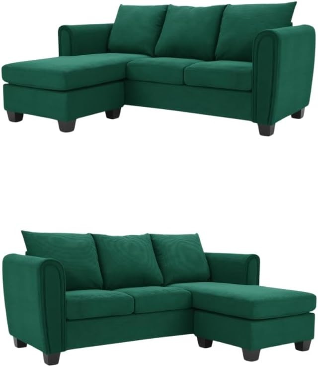 Green L Shaped Sofa 3 Seater Chaise Corner Cord Fabric Couch Modern