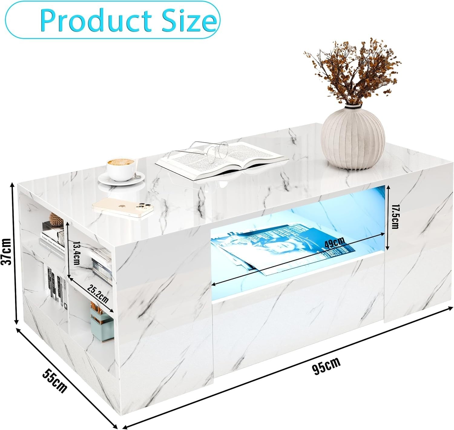 Blisswood LED Coffee Table with 2 Drawers, Open Shelf & High Gloss White Marble