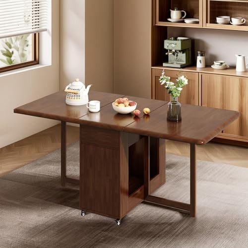 Space-Saving Folding Drop Leaf Dining Table with 6 Chairs Walnut Set