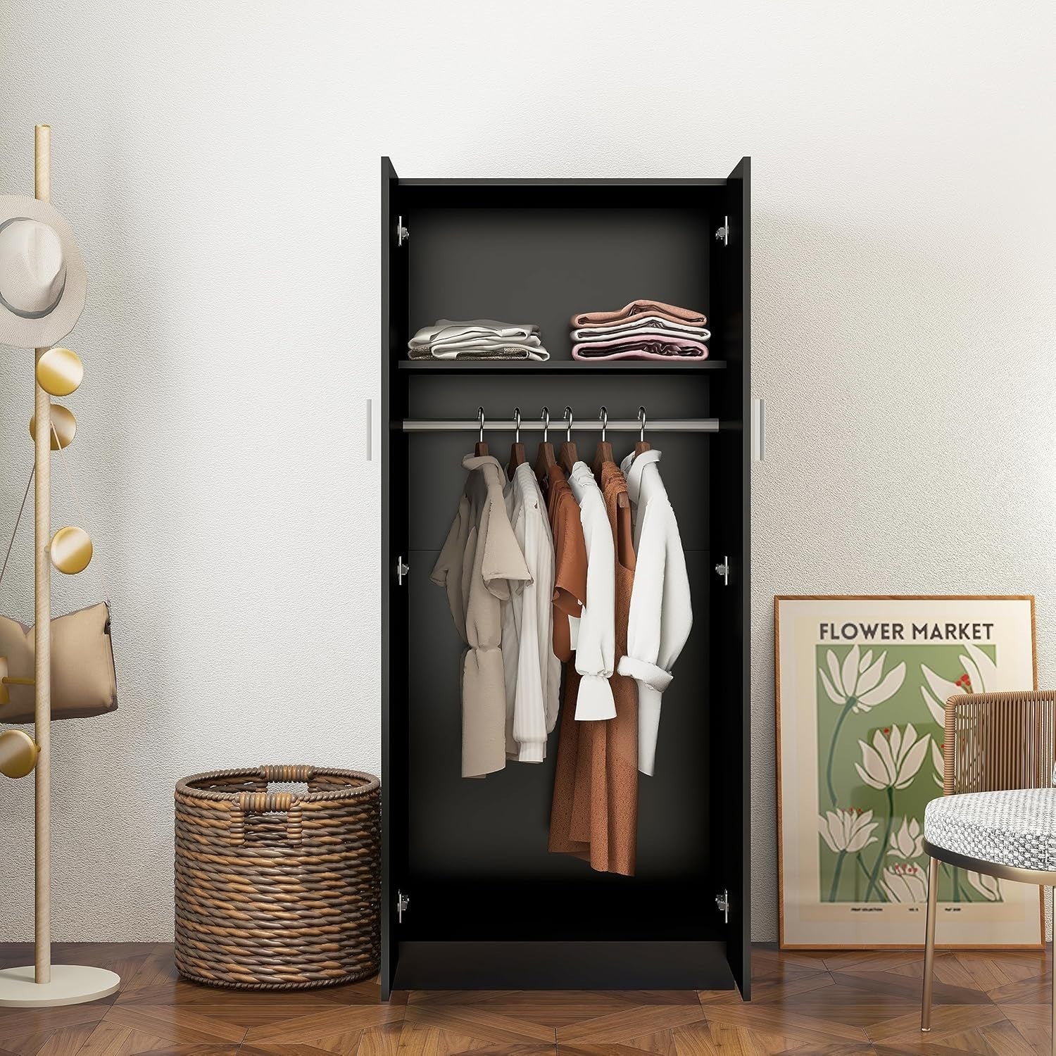 Black 2 Door Wardrobe with Hanging Rail & Storage Shelf for Small Rooms