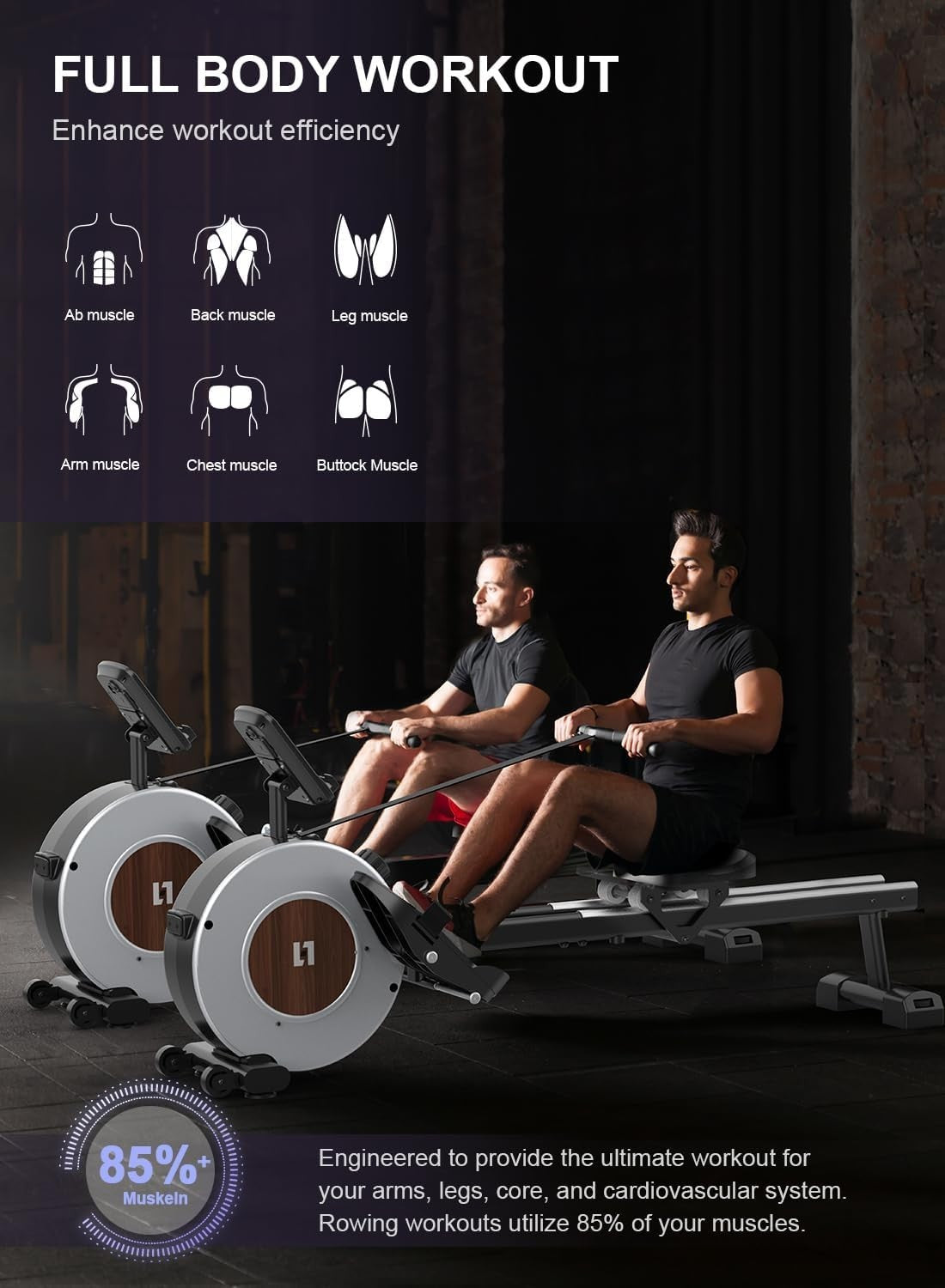 Magnetic Rowing Machine 16-Level Quiet Resistance Dual Rail LCD App 130KG