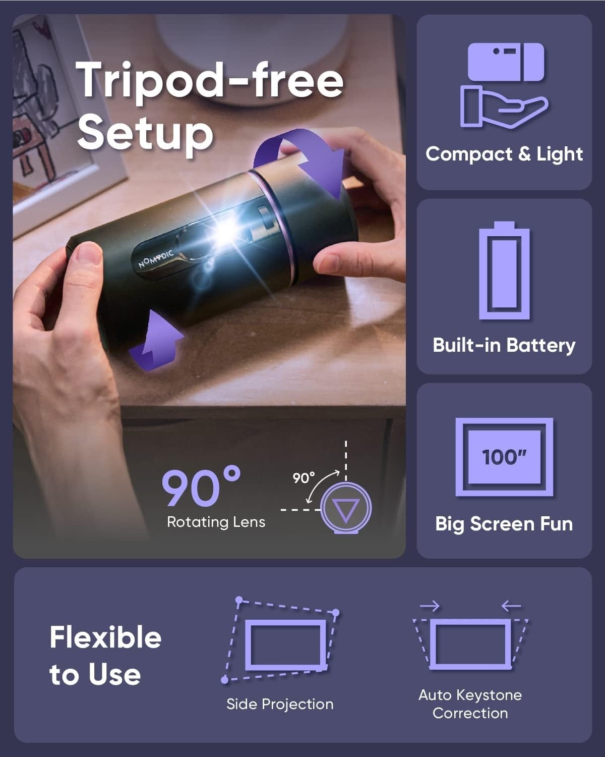 Mini Portable Projector Battery WiFi Bluetooth 100” Rotating Lens