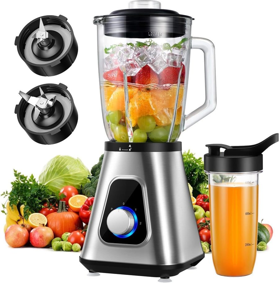 1200W Blender Smoothie Maker 2-in-1 Glass Jug Ice Crusher 3 Speed