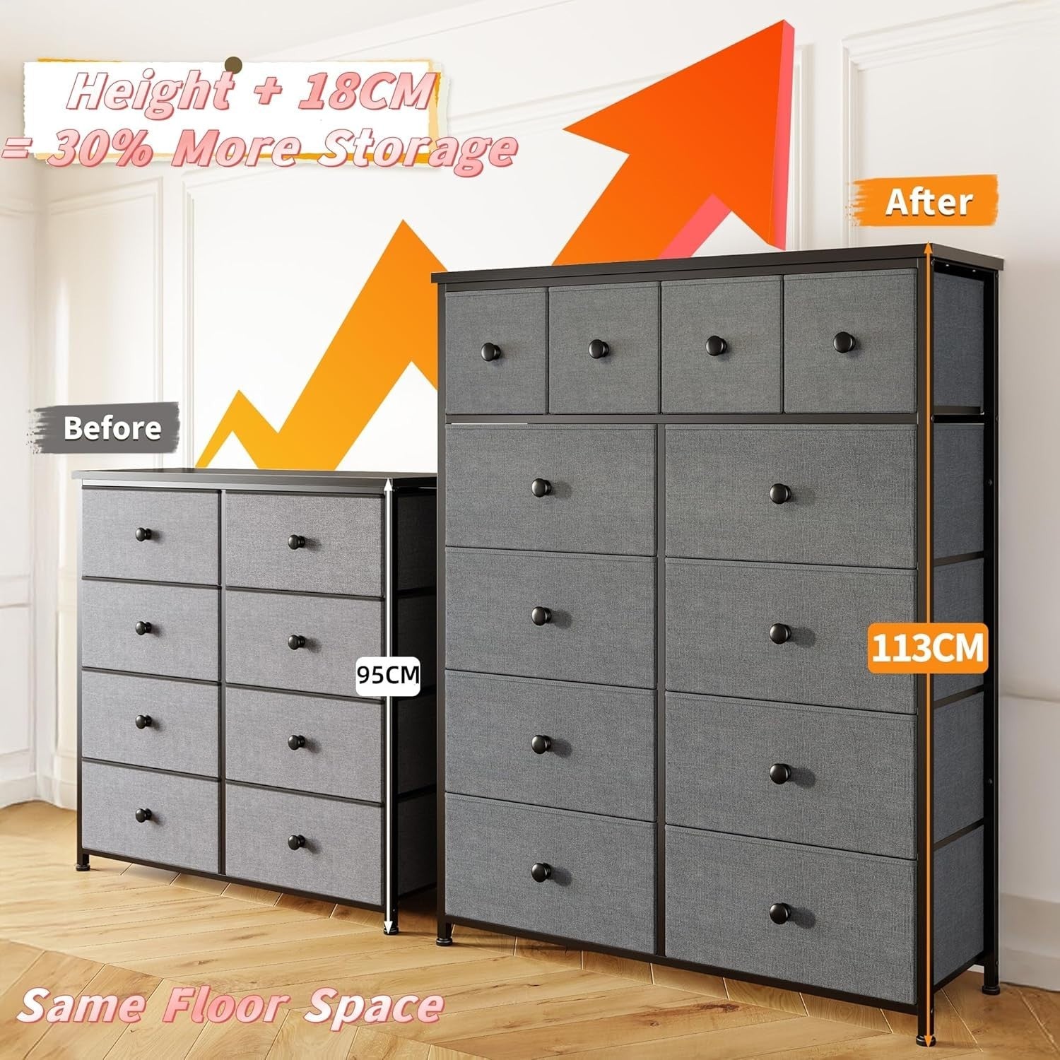 Tall Chest of Drawers Grey 12 Drawer Storage Unit for Bedroom Closet