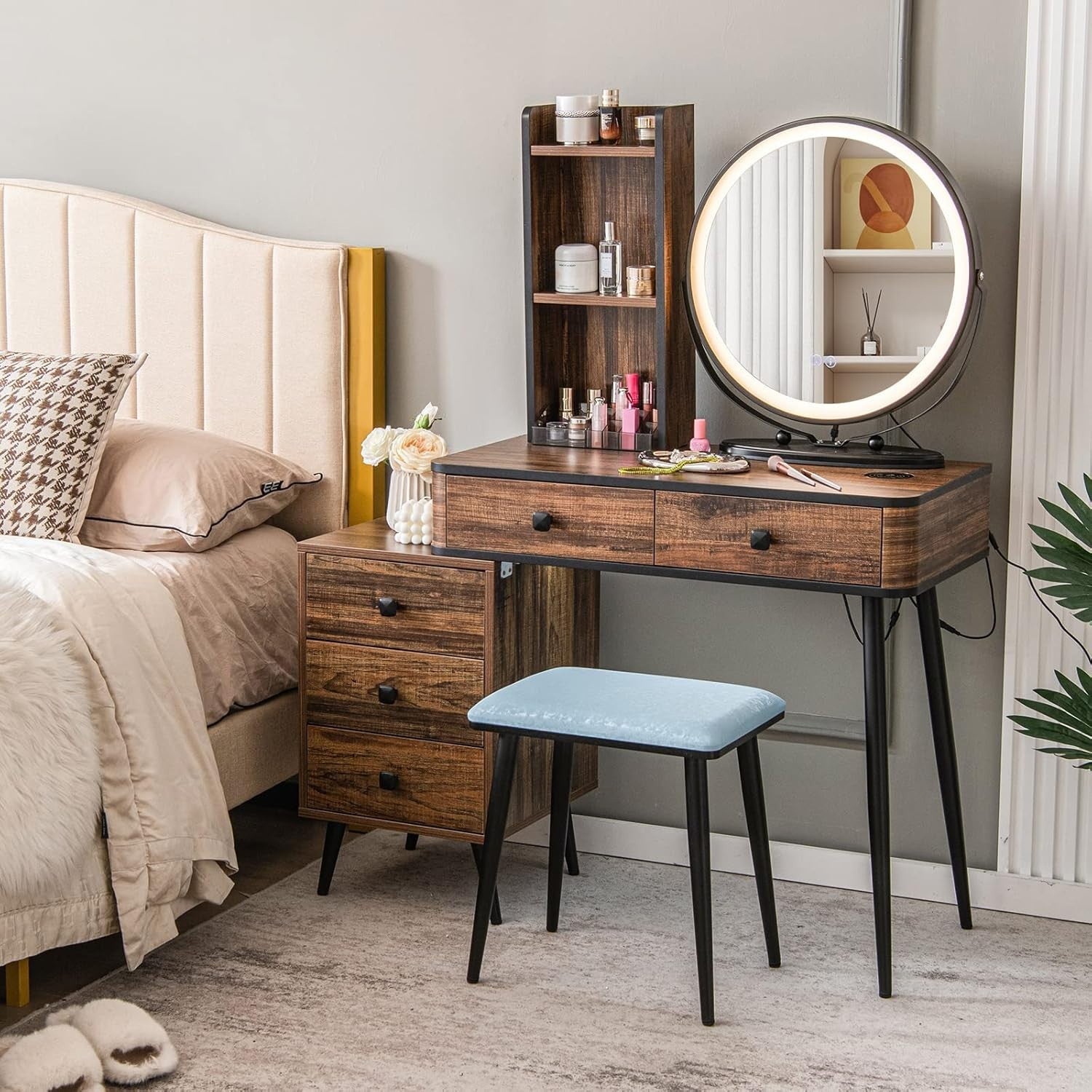 Vanity Makeup Dressing Table Set w/ LED Mirror Stool Storage Charging Station