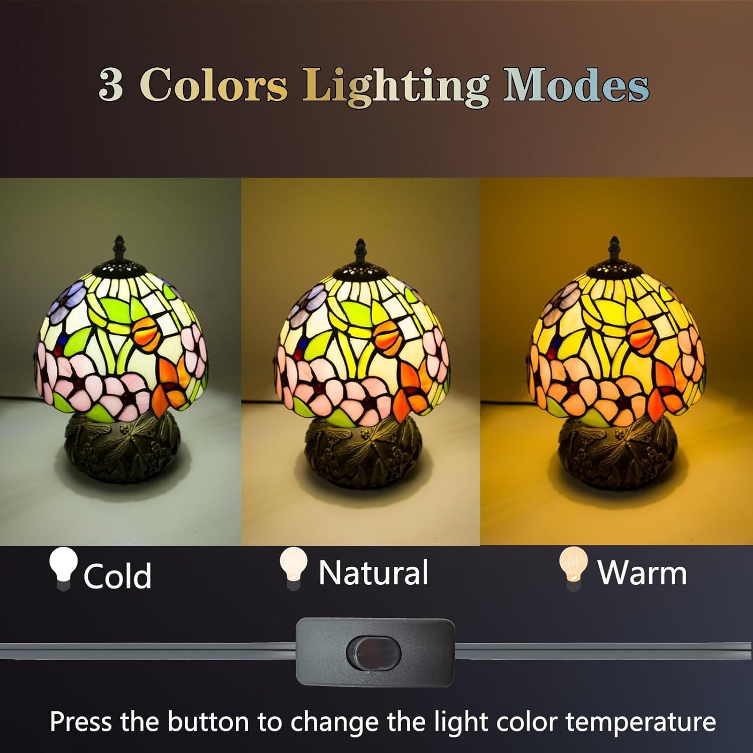 Stained Glass Table Lamp 8x8x11in Four Leaf Flower 3 Light Modes