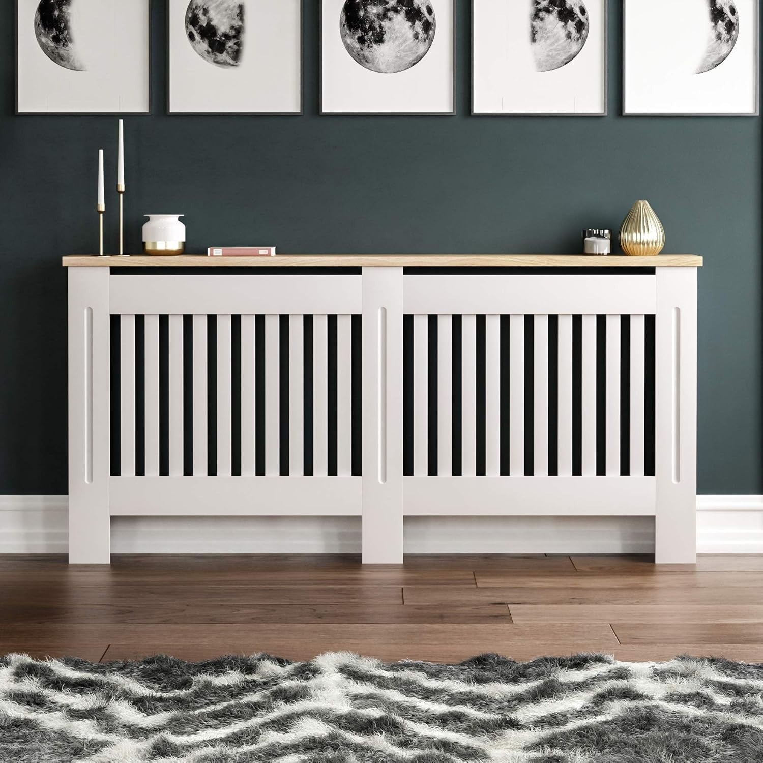 Extra Large White Radiator Cover Cabinet MDF Slatted Grill with Wooden Top Shelf