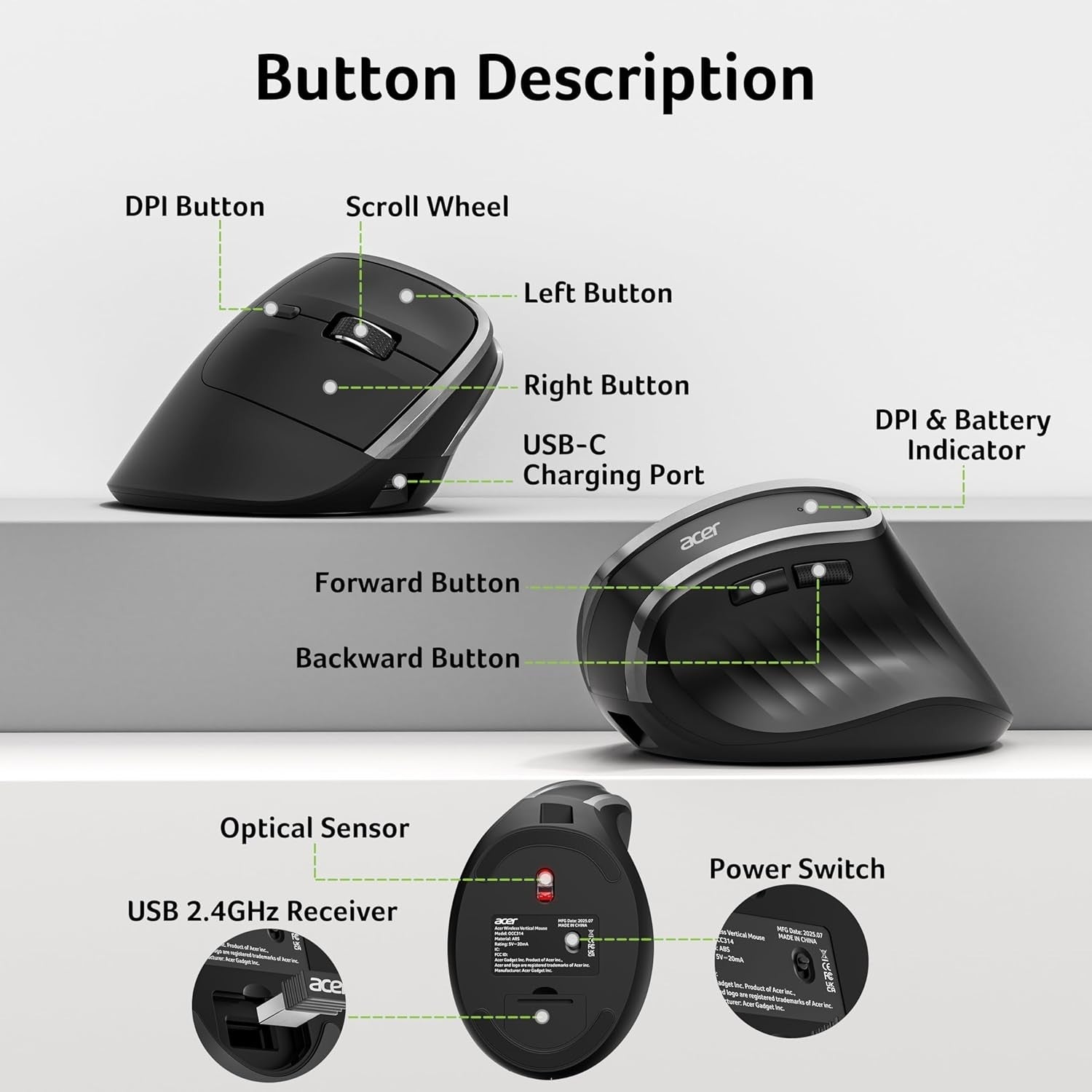 Vertical Ergonomic Wireless Mouse Rechargeable 6 Button 1600 DPI