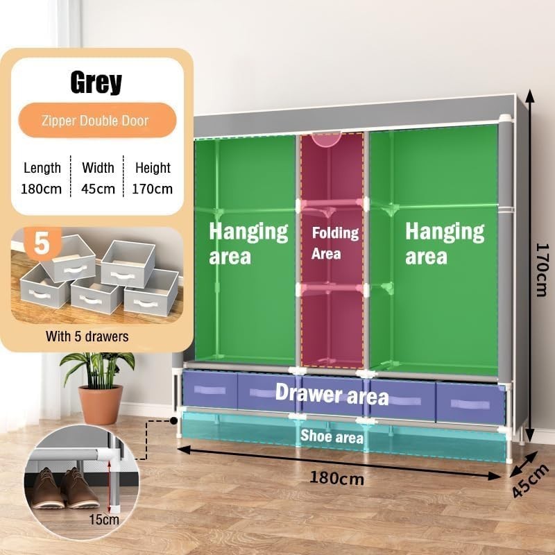 Large Grey Canvas Wardrobe 5 Drawers Hanging Rail Storage Unit 175cm