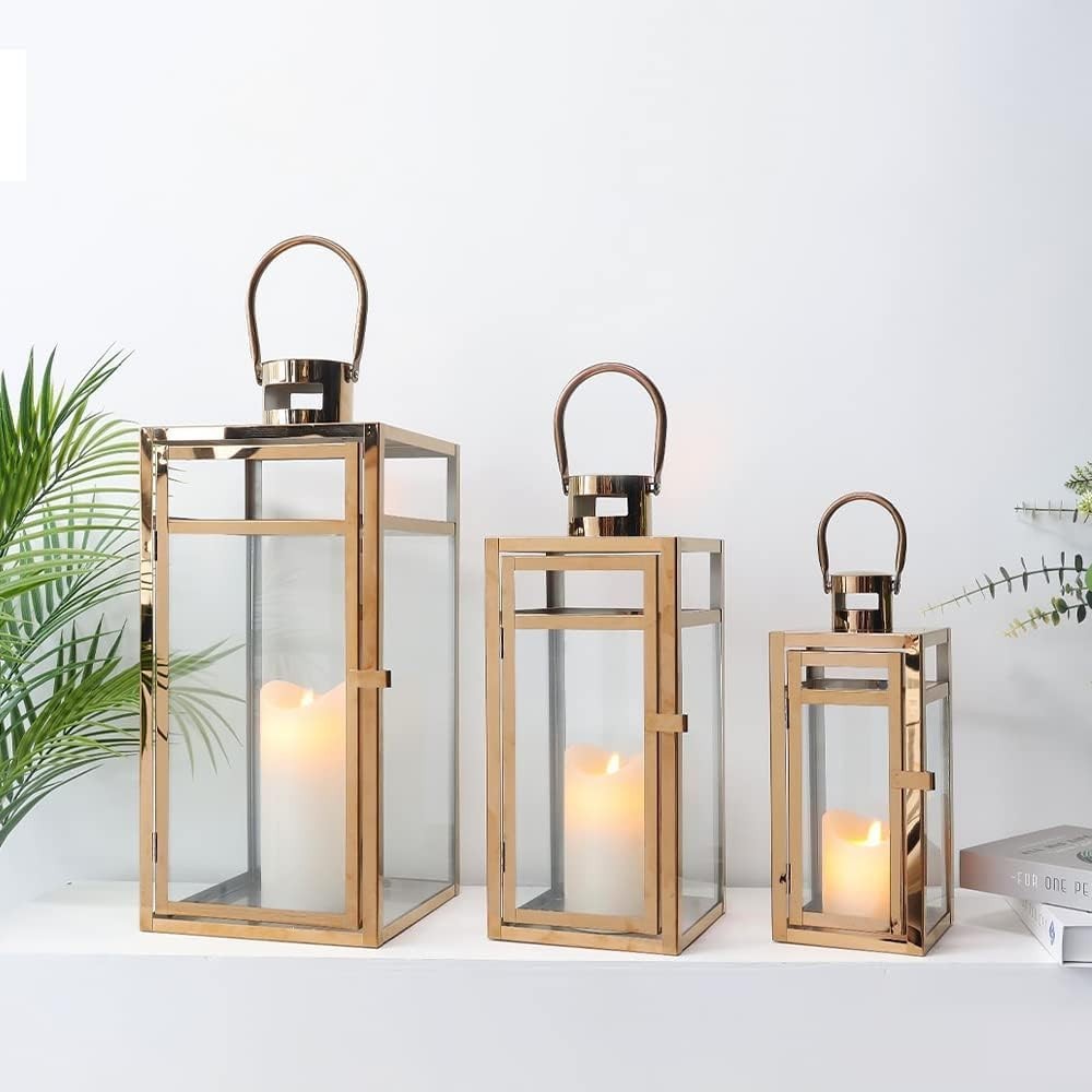 3 Pack Rose Gold Stainless Steel Candle Lanterns Indoor Outdoor Decor