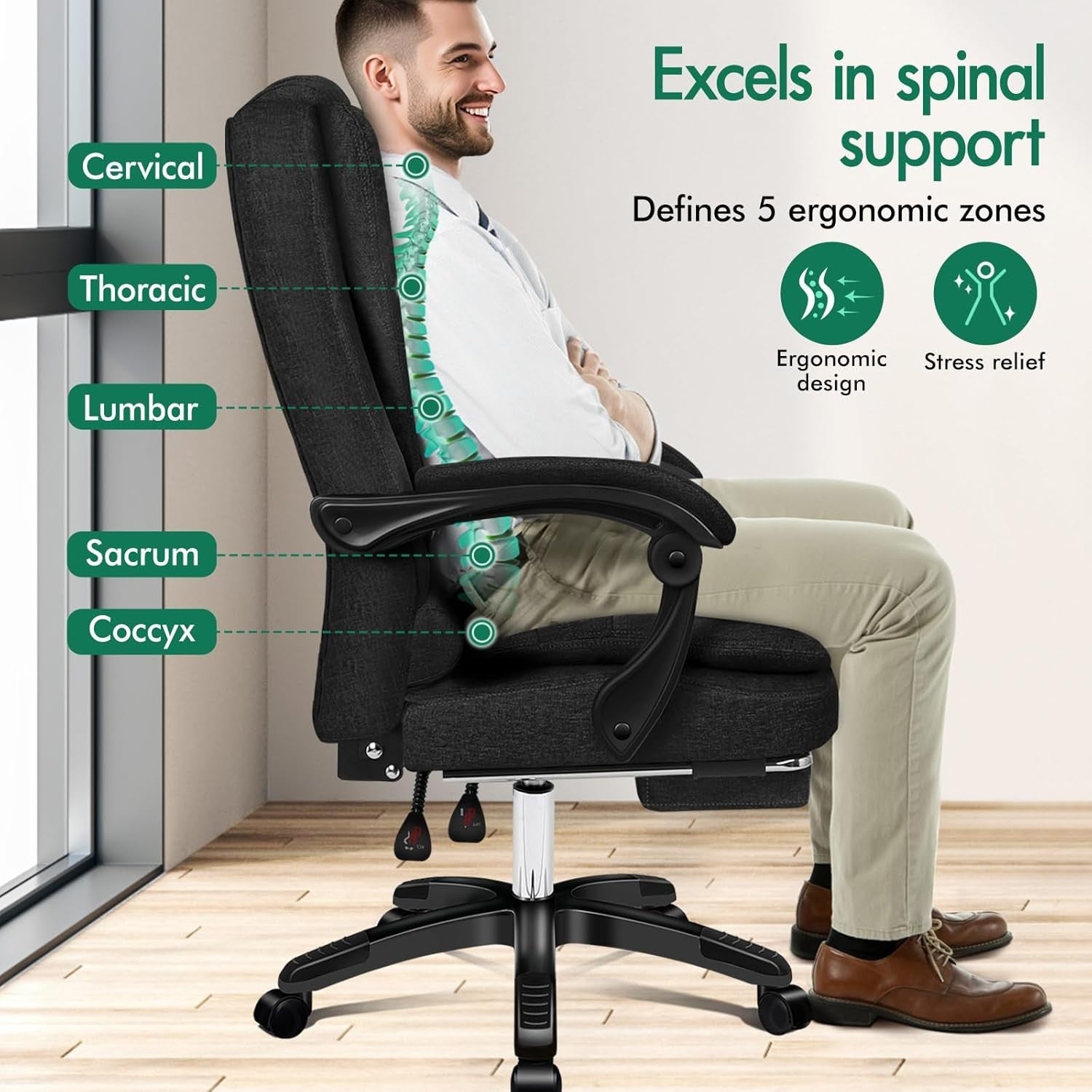Black Massage Office Chair Heated 8-Point Recliner Footrest Ergonomic PU