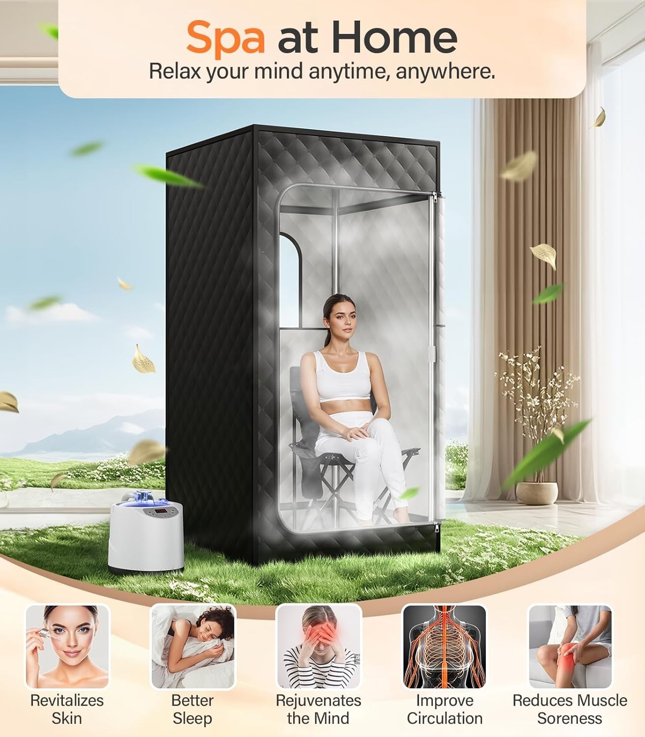 Steam Sauna Tent Home Spa 1200W 3L Heater 15-Level Remote Foldable Chair 36x36x7