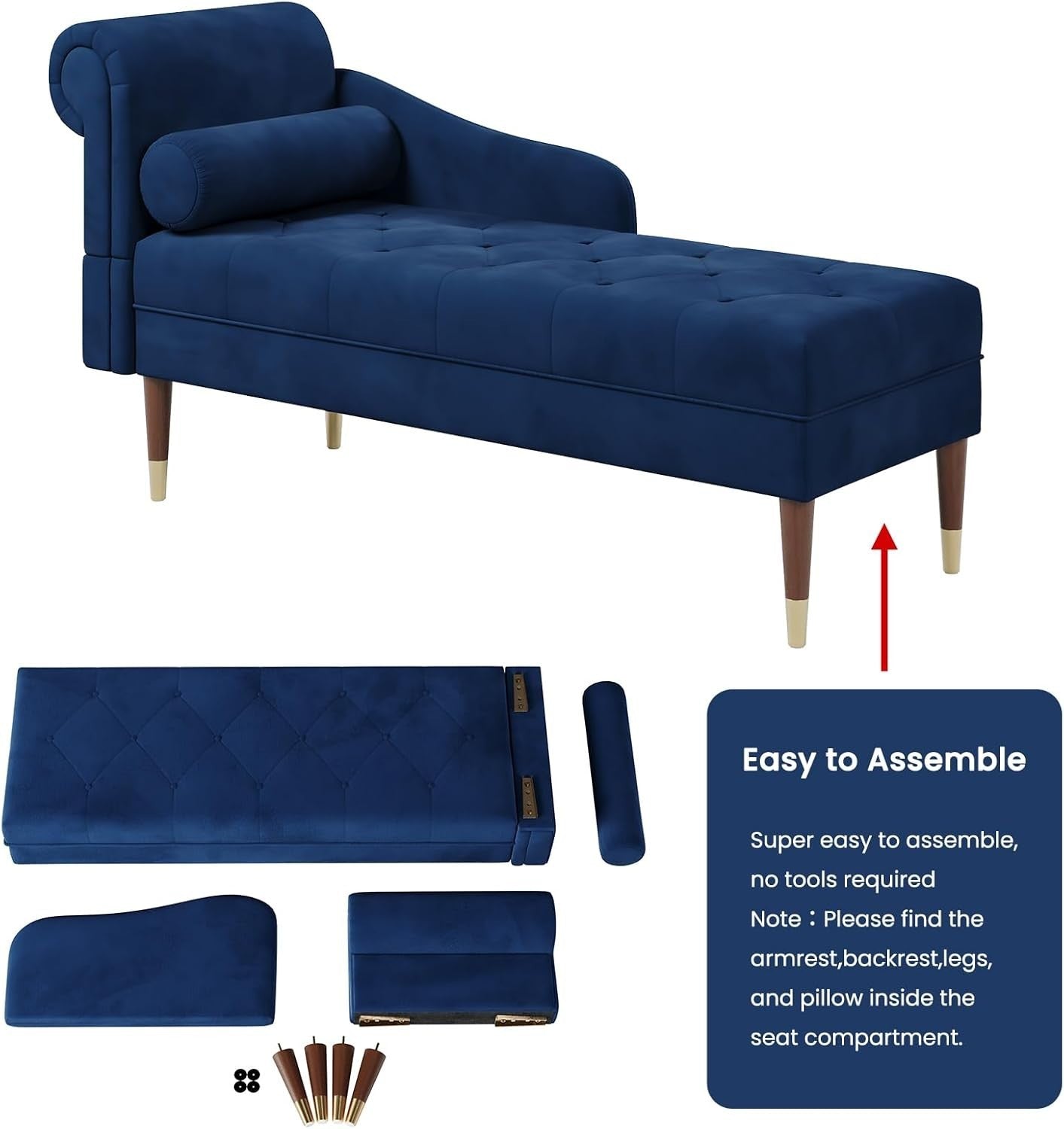 Velvet Chaise Lounge Sofa Blue Left Armrest + Pillow Compact & Stylish