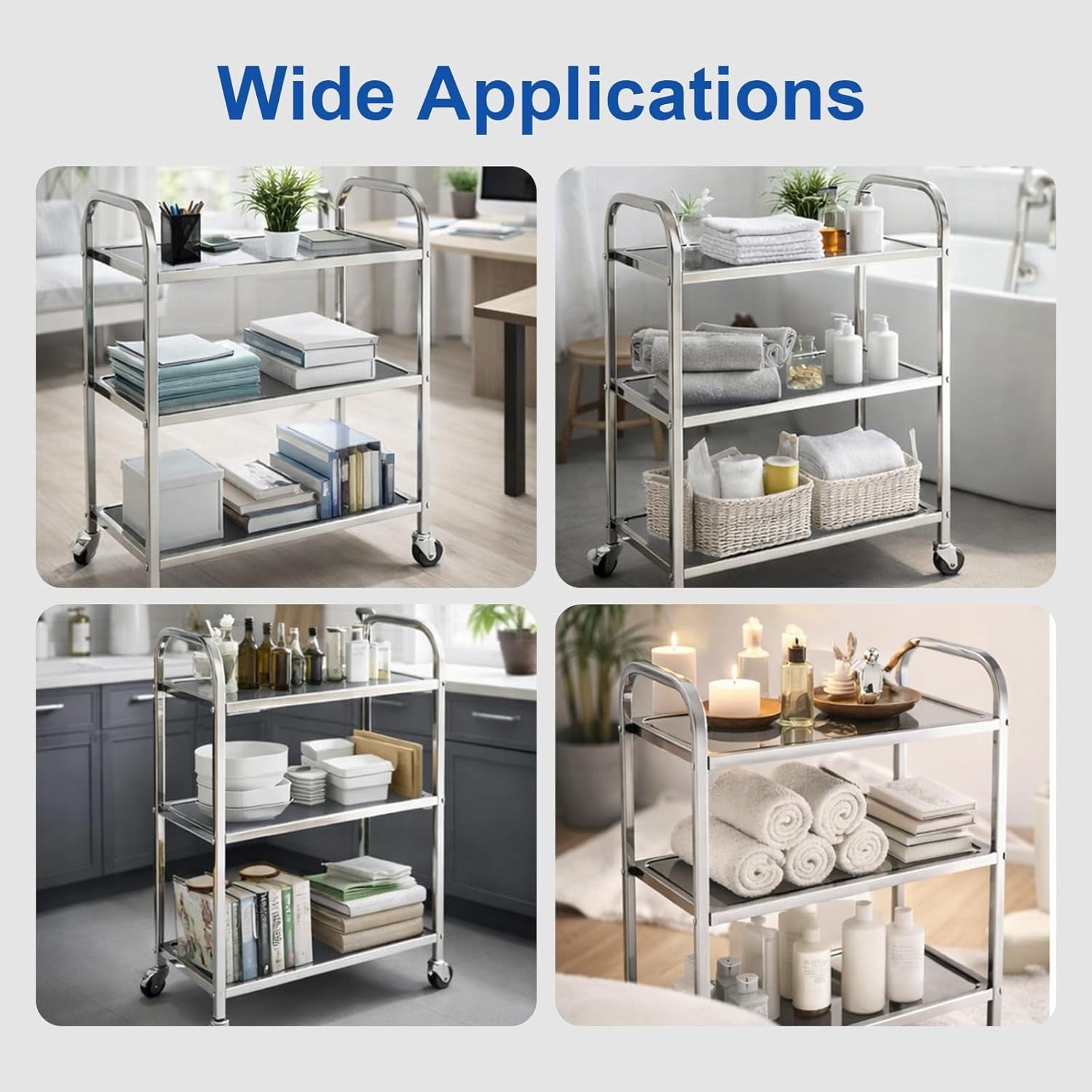 3 Tier Stainless Steel Kitchen Utility Cart Rolling Storage Trolley on Wheels