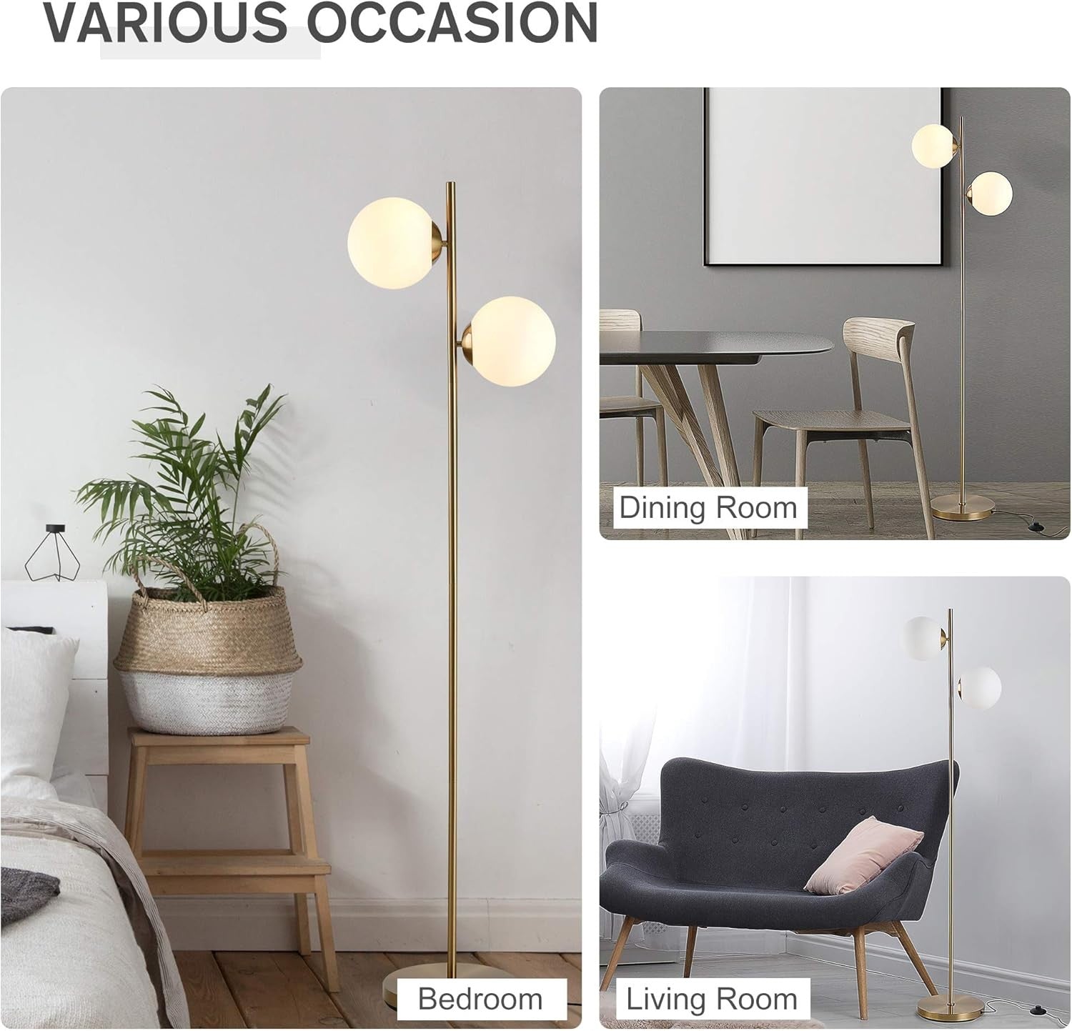 2 Light Gold Floor Lamp Modern Globe Standing Lamp Living Room Bedroom