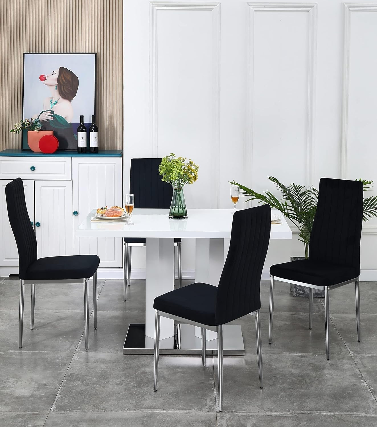 4 Seat White Gloss Dining Table Set + Velvet Chairs Black Modern Room