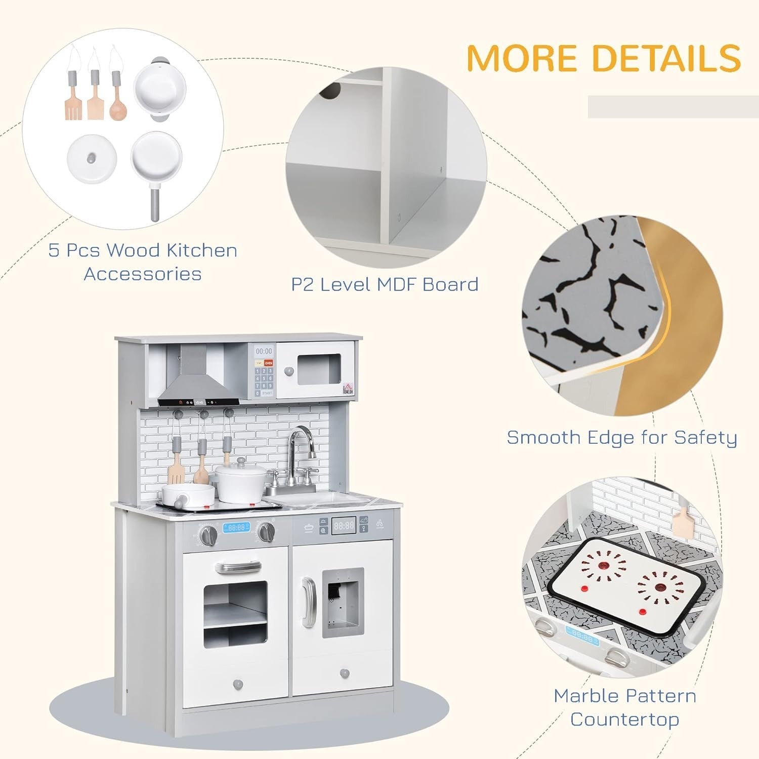 Kids Wooden Play Kitchen Lights Sounds Ice Maker Grey Toy Set