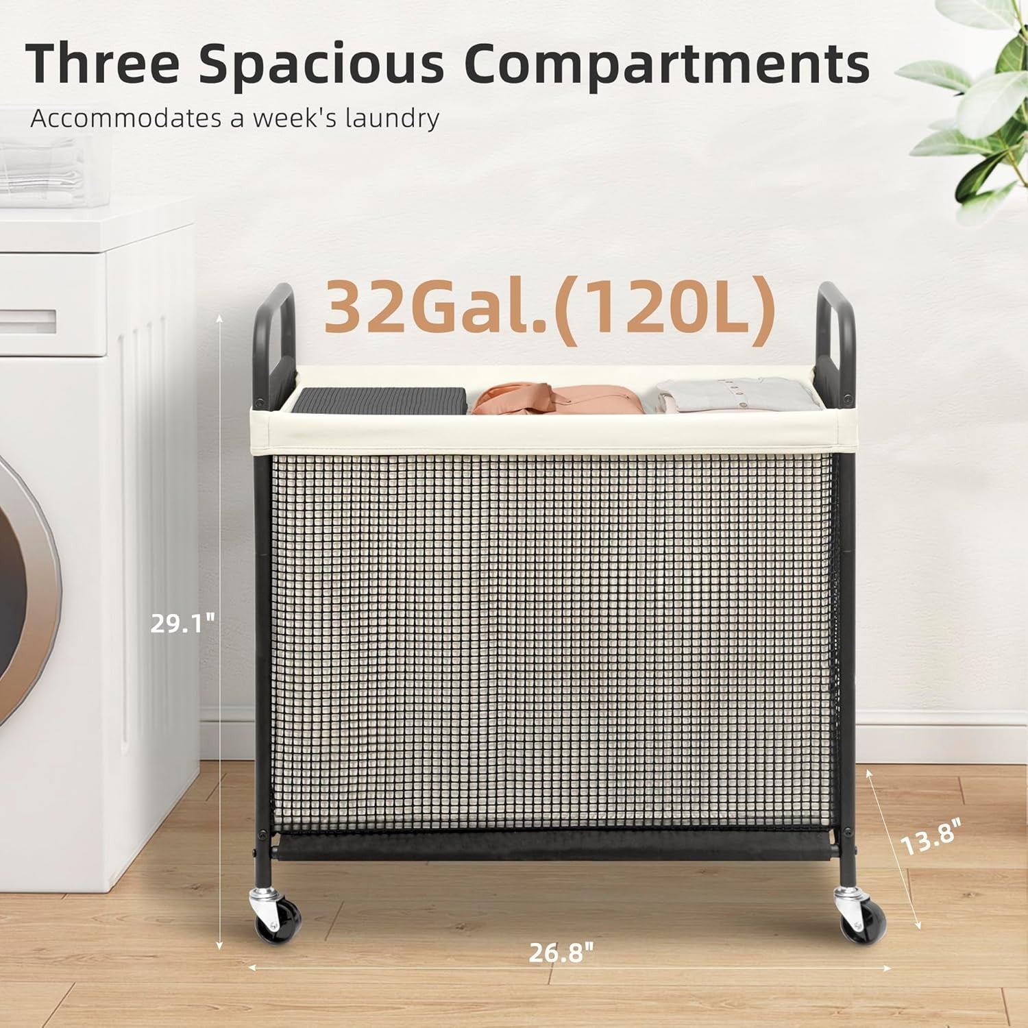 120L 3-Section Laundry Hamper on Wheels | Removable Bags | Rolling Laundry