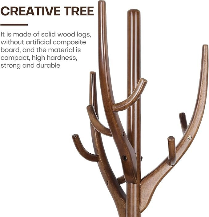 183cm Solid Wood Coat Rack Tree Stand with 12 Hooks Round Base for Hallway