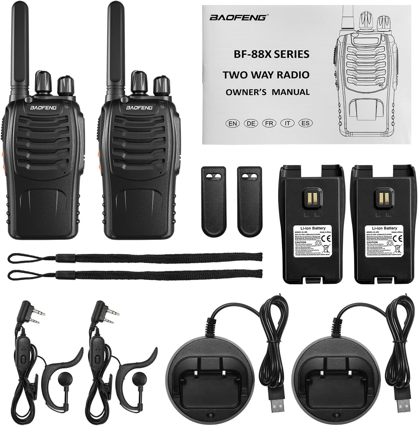 Long Range Walkie Talkies 16 Channel w Earpieces USB Charger 1 Pair