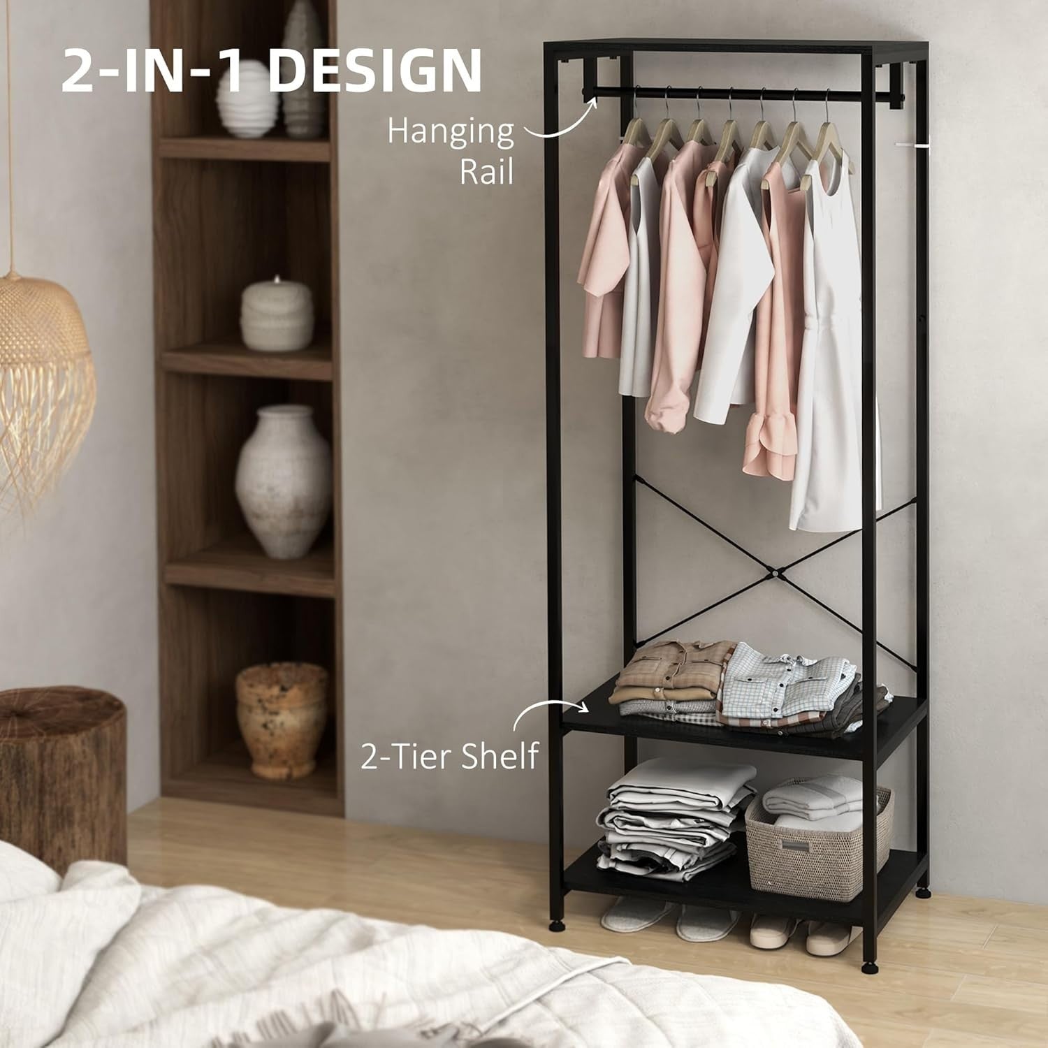 2-in-1 Coat Rack Hall Tree with Shoe Storage, Black Steel Frame, 2 Shelves