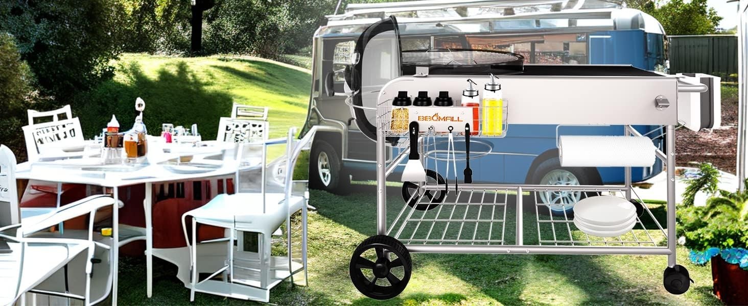 Outdoor BBQ Grill Table Prep Station Cart for Charcoal Kettle Grill with Storage