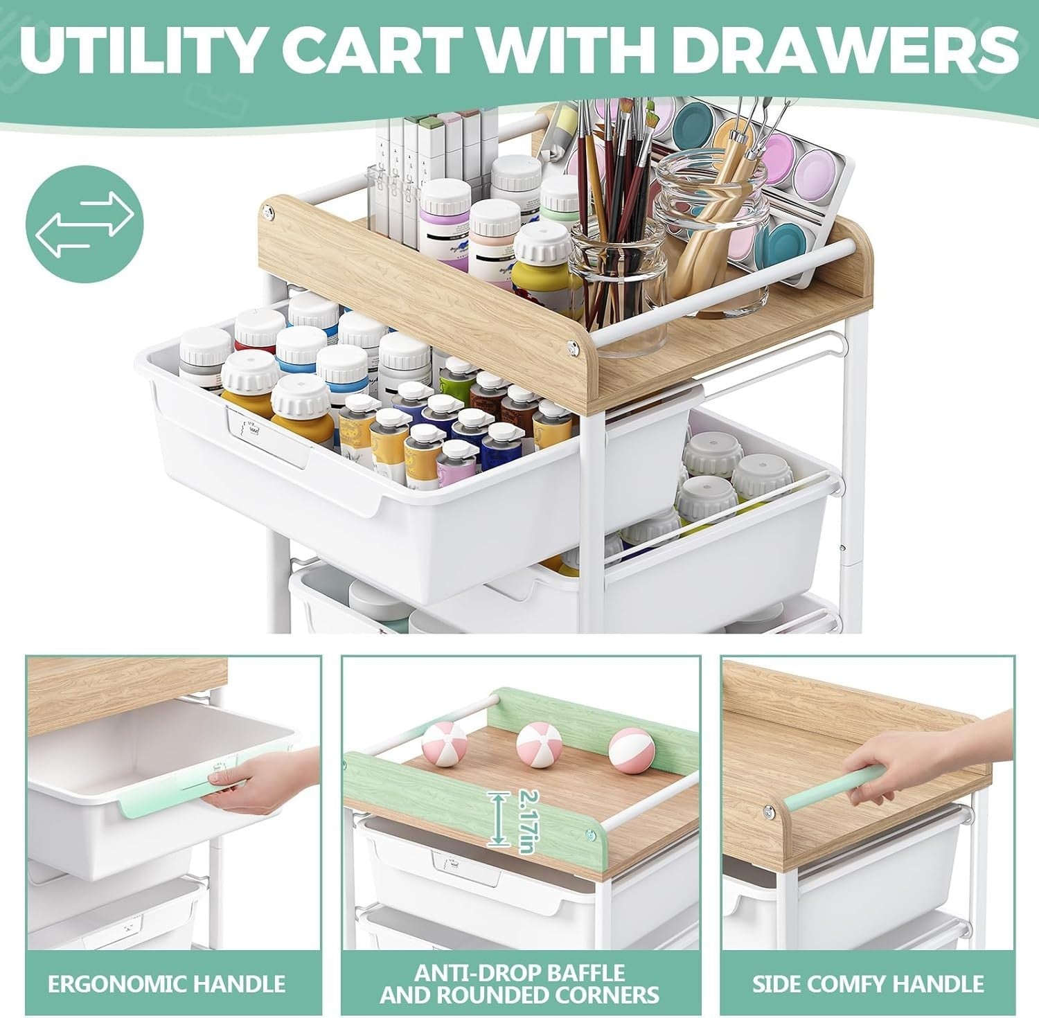 White 4 Drawer Rolling Storage Trolley Craft Office Organizer Cart