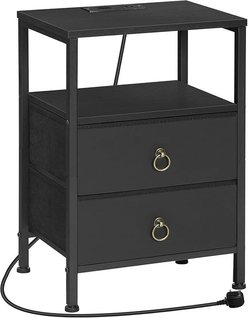 Black Bedside Table with Charging Station, 2 Drawers USB Ports Modern Nightstand