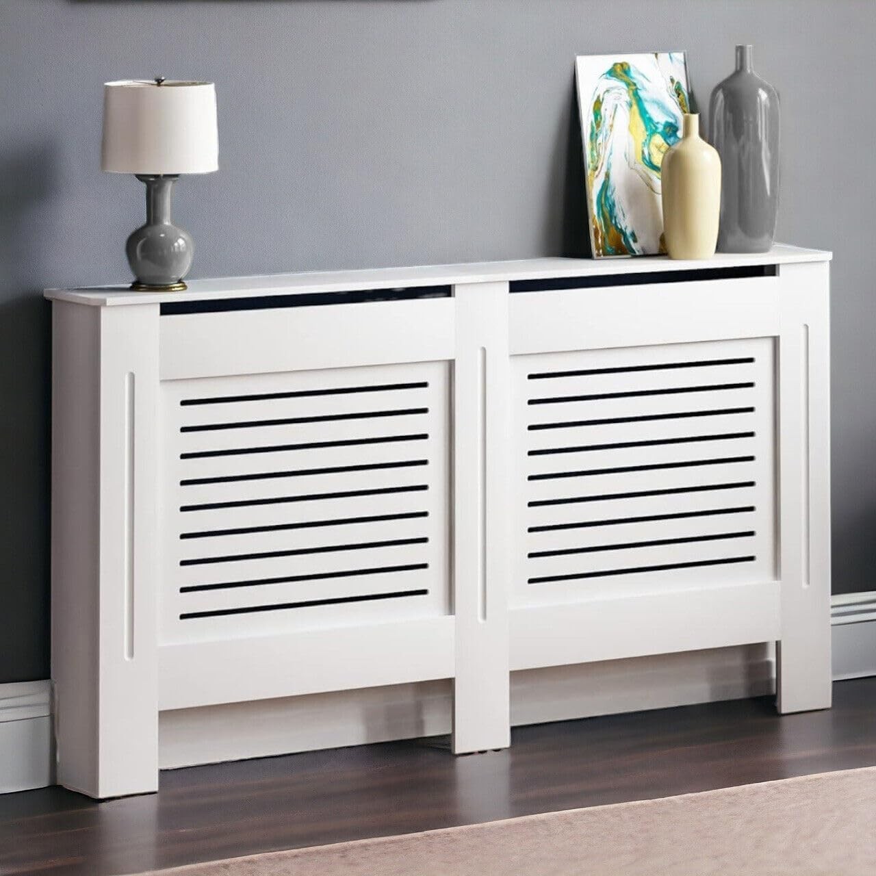 Modern Wooden Radiator Cover MDF Grill Cabinet Shelf | White Large | Decorative