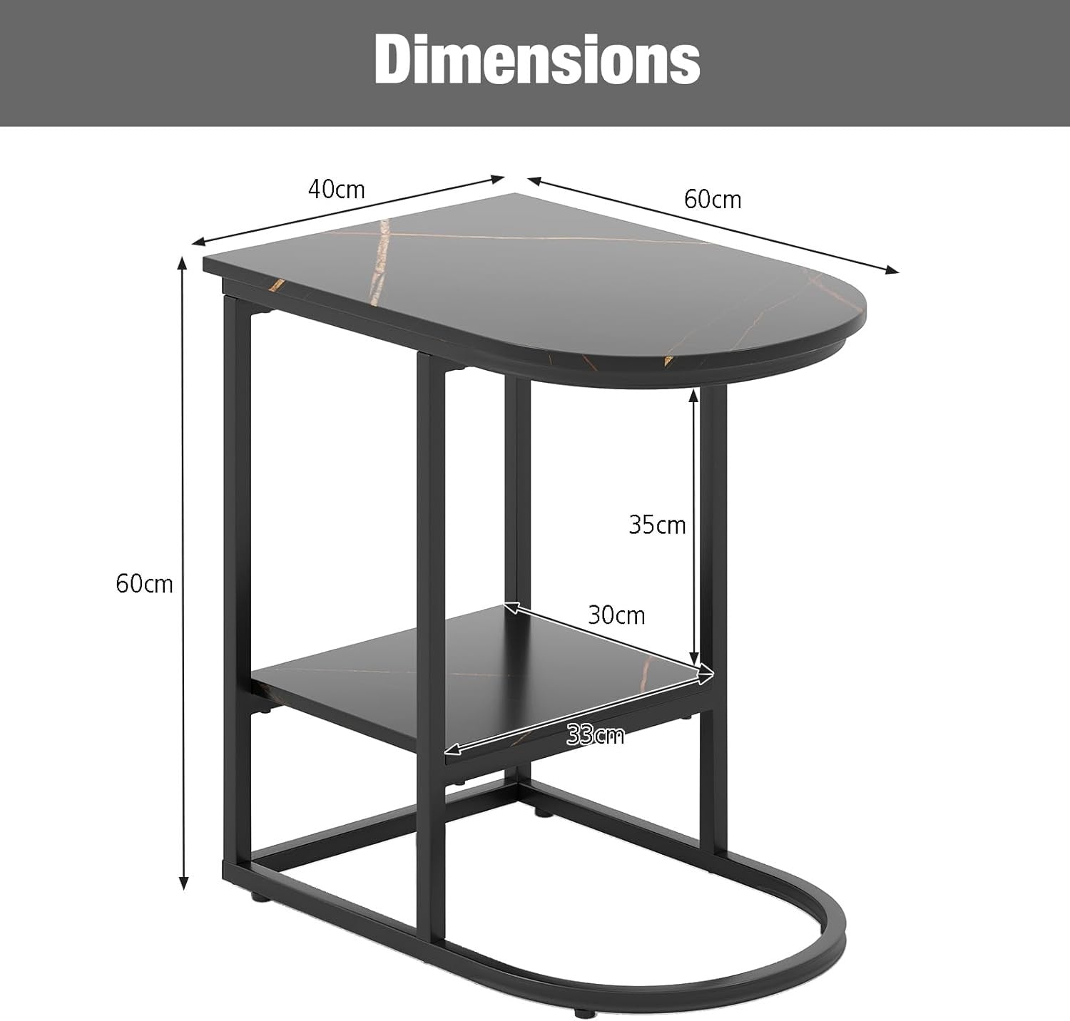 Modern C-Shaped Side Table with Faux Marble Top & Storage Shelf – Slim Overbed S