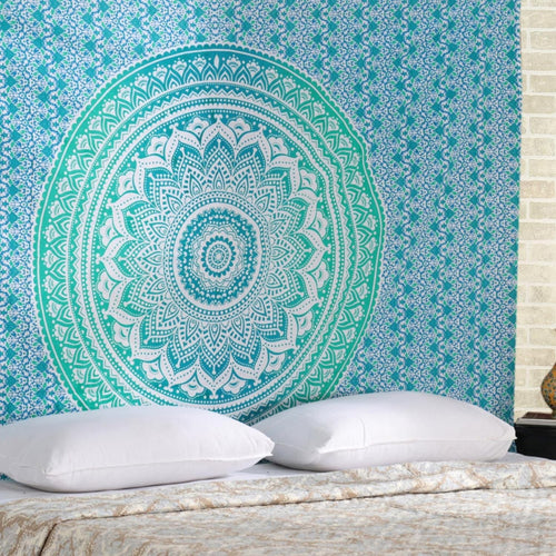 Sea Green Mandala Cotton Tapestry 137x213cm Boho Wall Decor