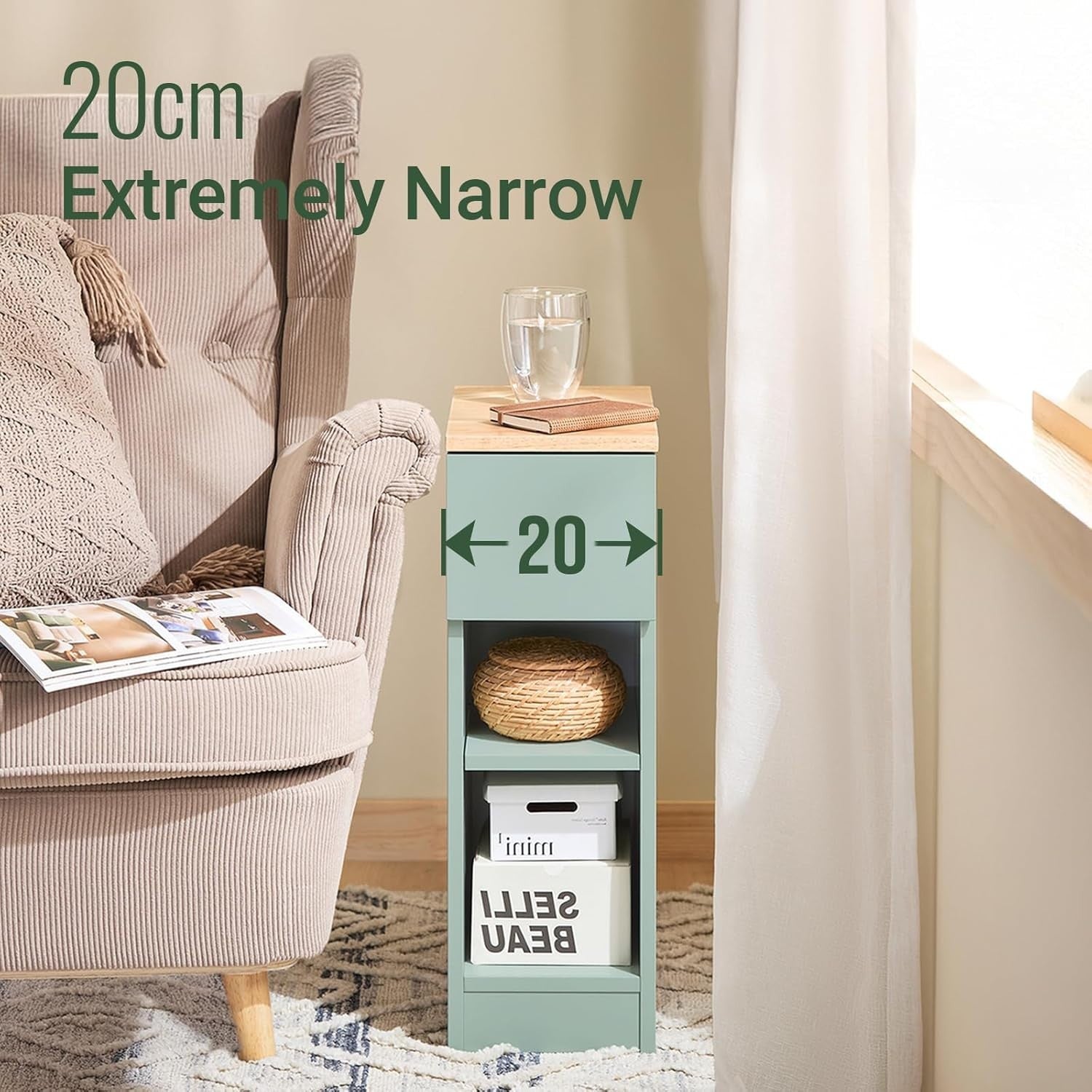 Slim Green Bedside Table with Drawer & 2 Shelves | Modern Narrow Nightstand