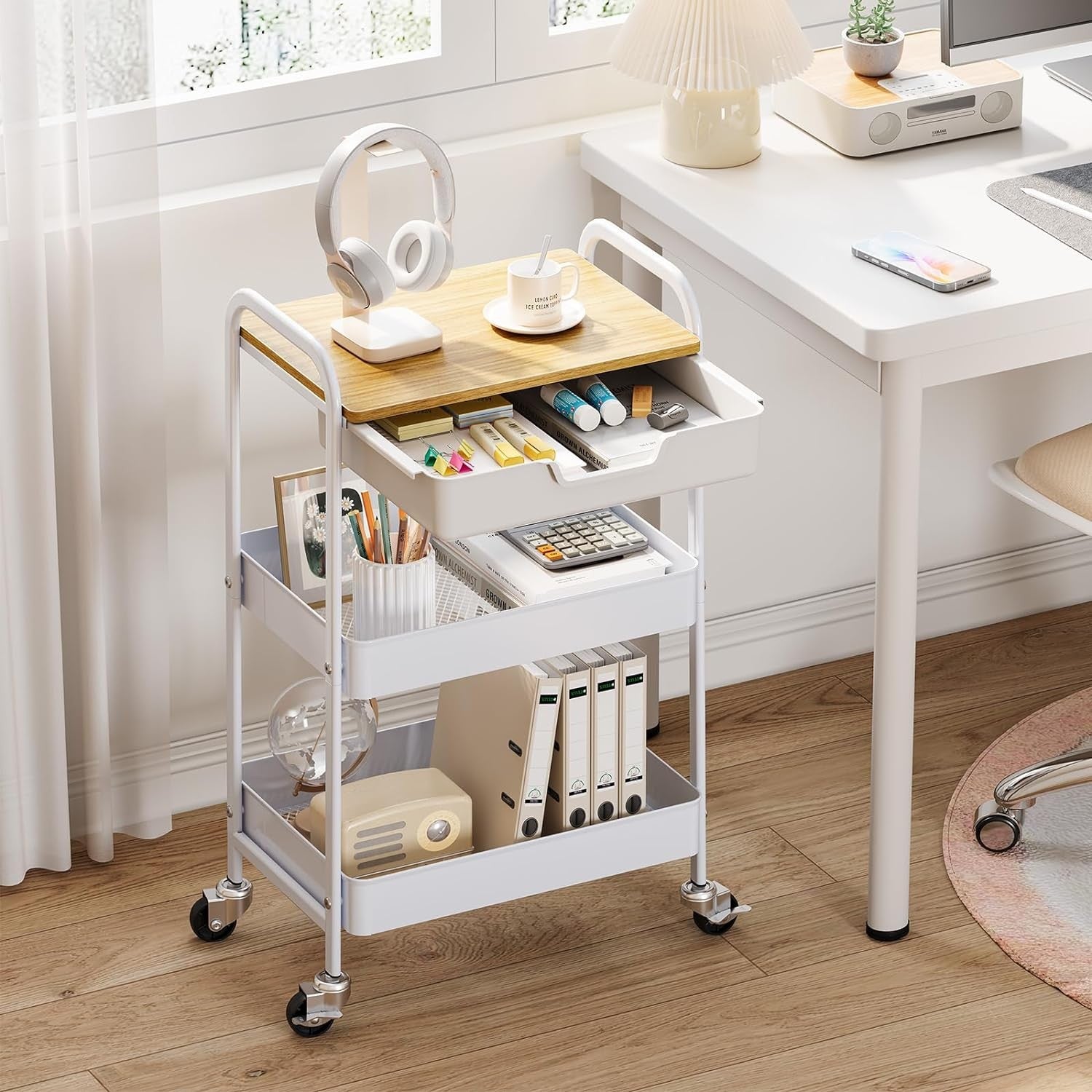 3 Tier Storage Trolley on Wheels with Drawer Wooden Top Kitchen Organizer