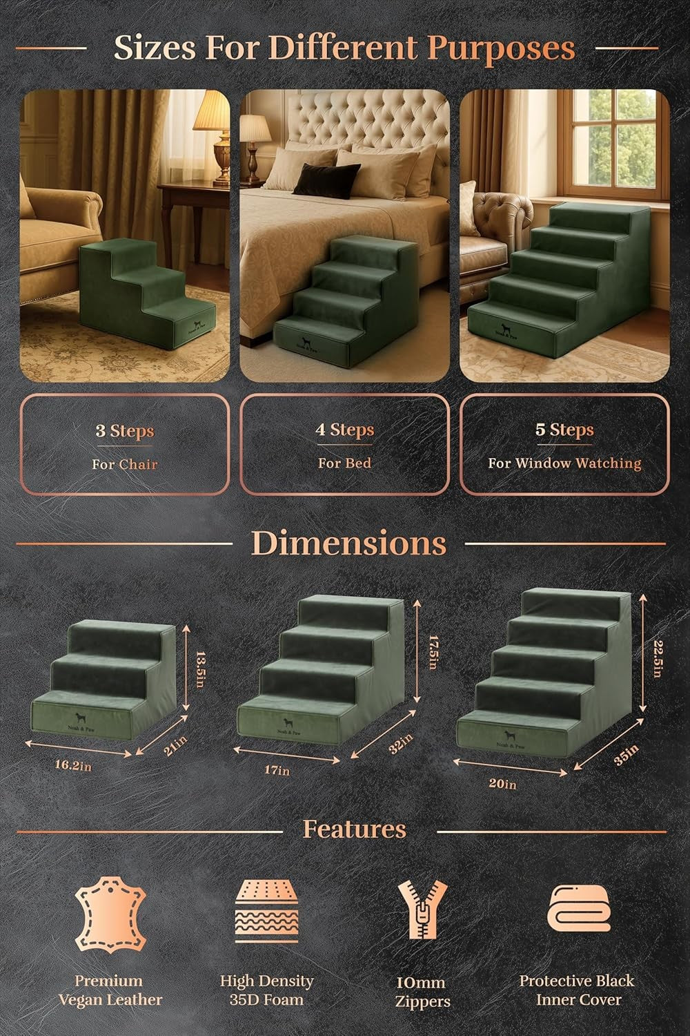 5‑Step Extra Wide Foam Dog & Cat Stairs for Bed Sofa – Non‑Slip Pet Ramp