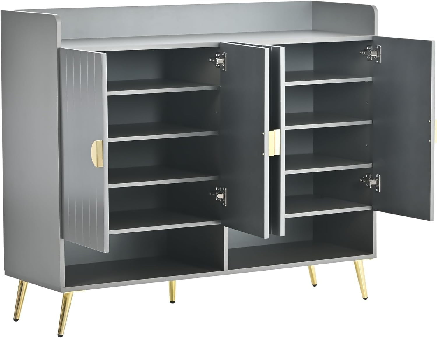 Large Grey Shoe Cabinet 4 Door Storage Cupboard w/ Gold Legs 120x35x100cm