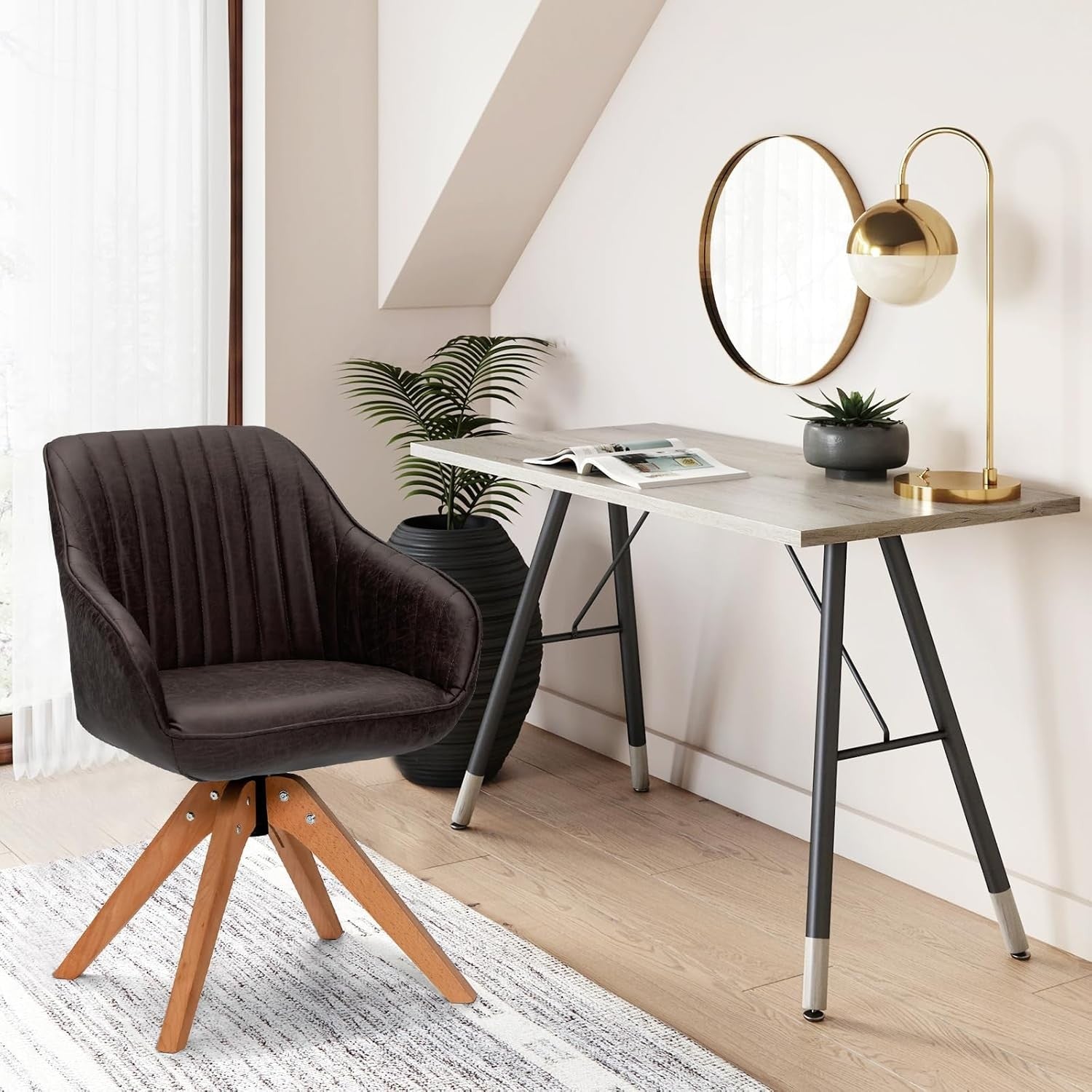 Set of 2 Brown Swivel Desk Chairs Tub Armchairs Wooden Legs