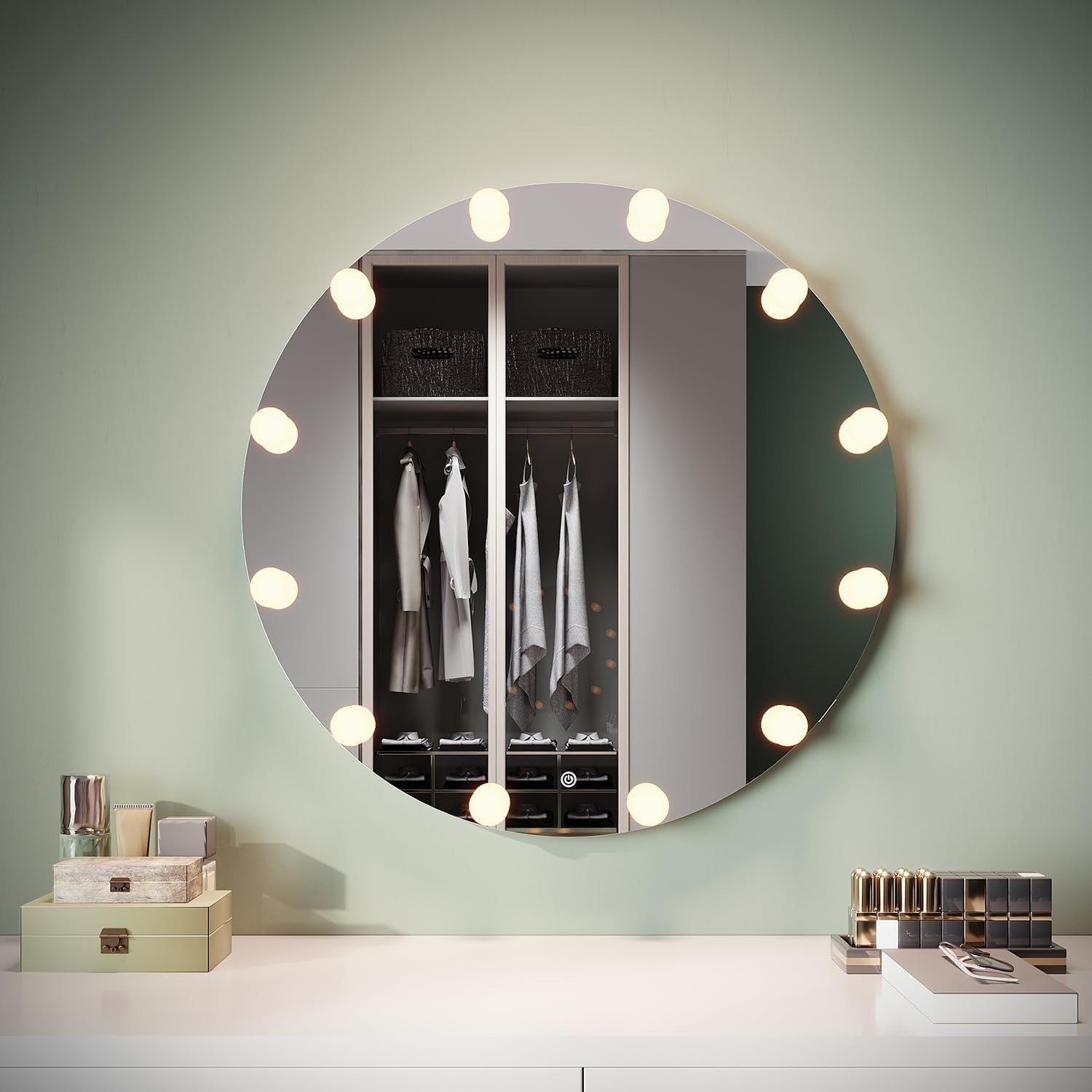 80cm Round Hollywood Vanity Mirror with 12 Dimmable LED Bulbs & Touch Control