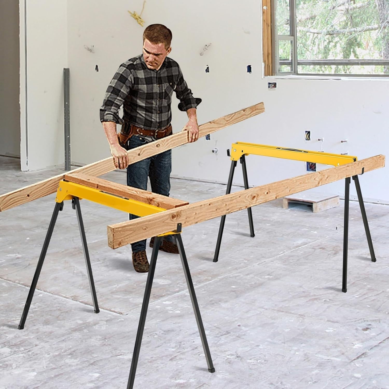 Yellow Folding Sawhorses 2-Pack Steel Trestles 227kg Load w/ Support Arms