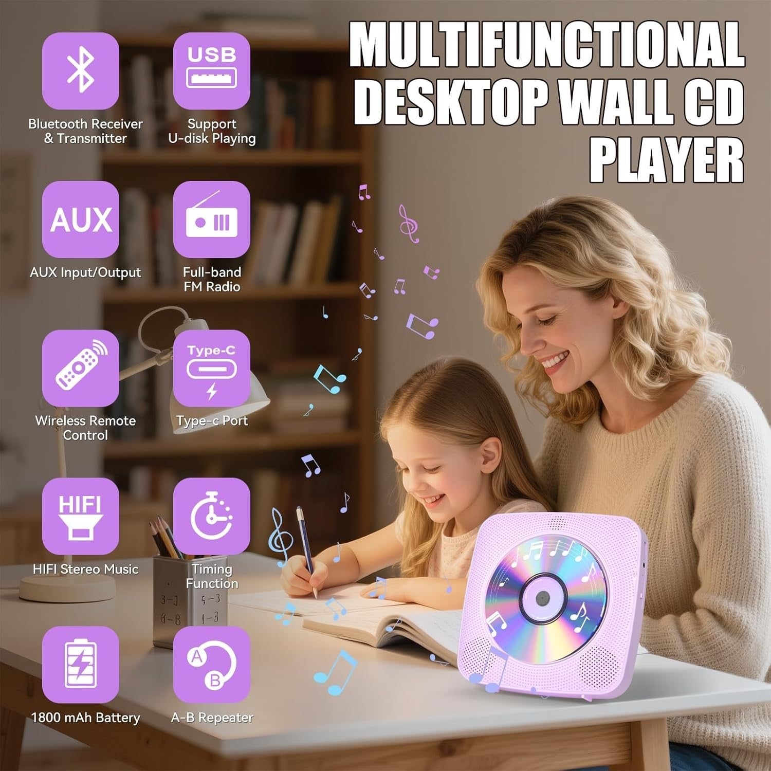 Desktop CD Player Bluetooth Speakers FM Radio USB AUX Remote Purple