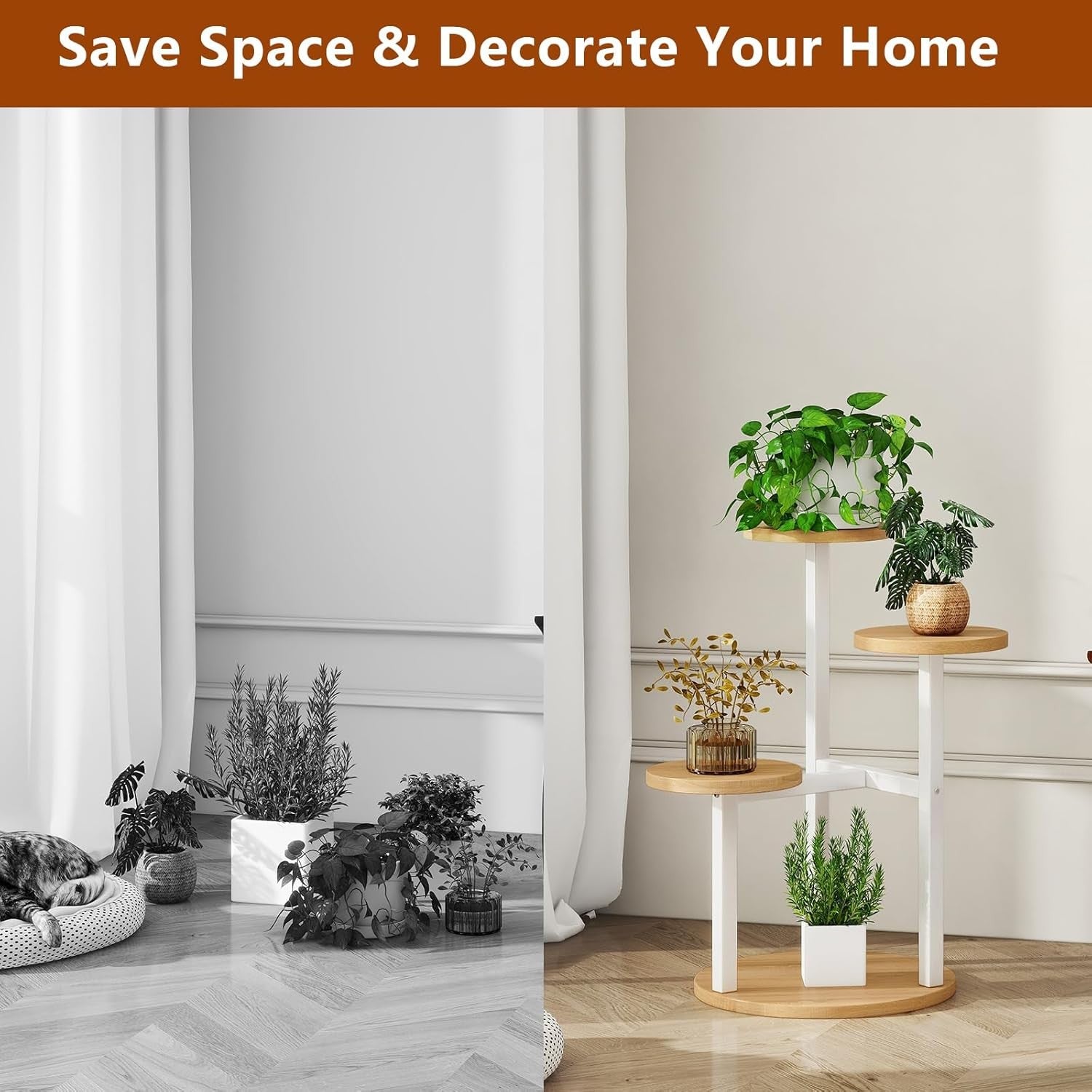 4 Tier White Metal Wood Plant Stand | Modern Corner Flower Pot Display Shelf