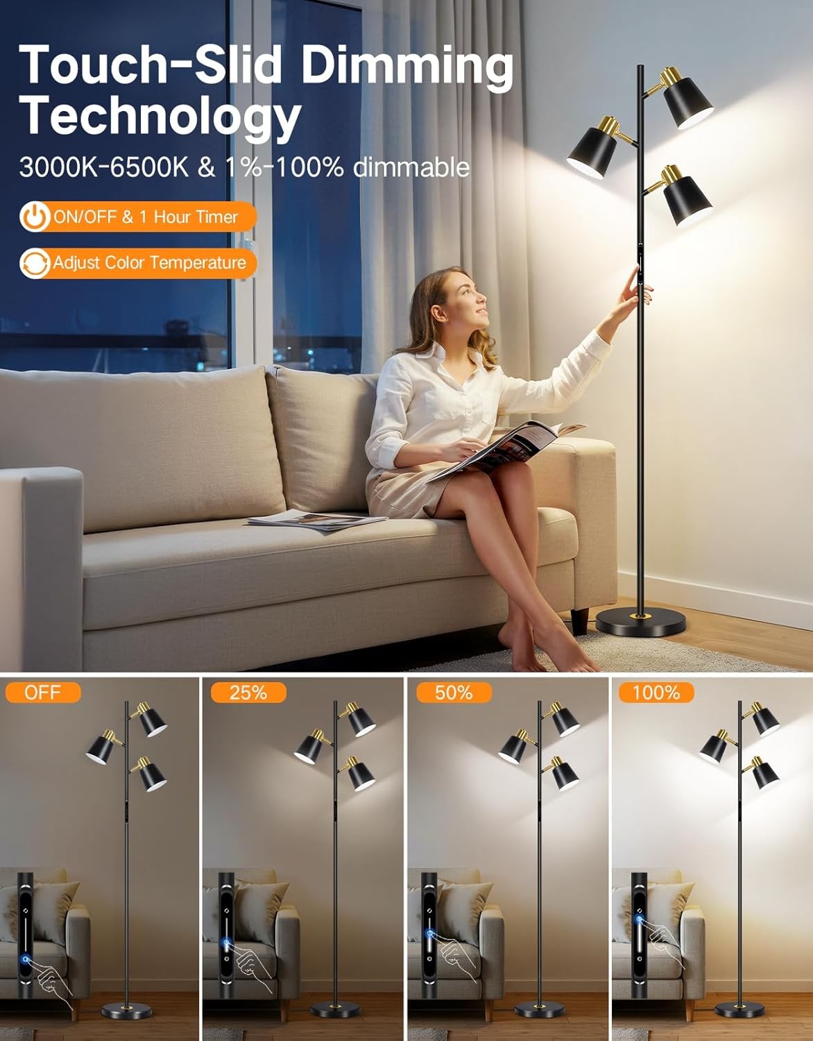 LED Tree Floor Lamp Dimmable Remote Touch 3 Head Adjustable Modern Light