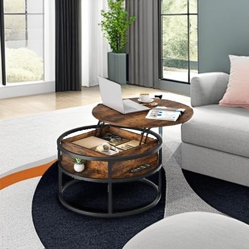 Lift Top Coffee Table Round 80x80x47cm with Hidden Storage Brown Wood