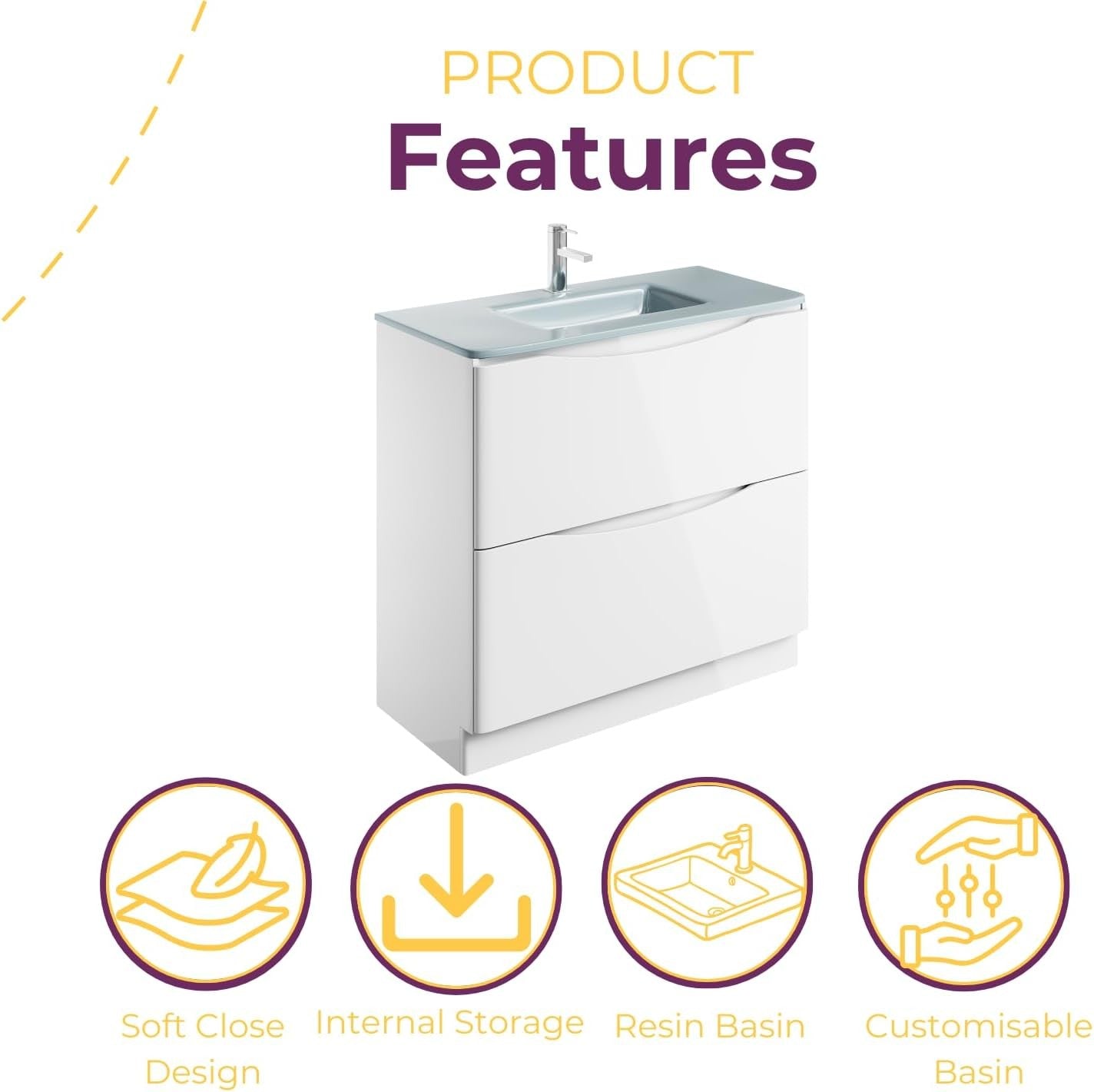 900mm Floor Standing Vanity Unit White Gloss with White Glass Basin Cabinet