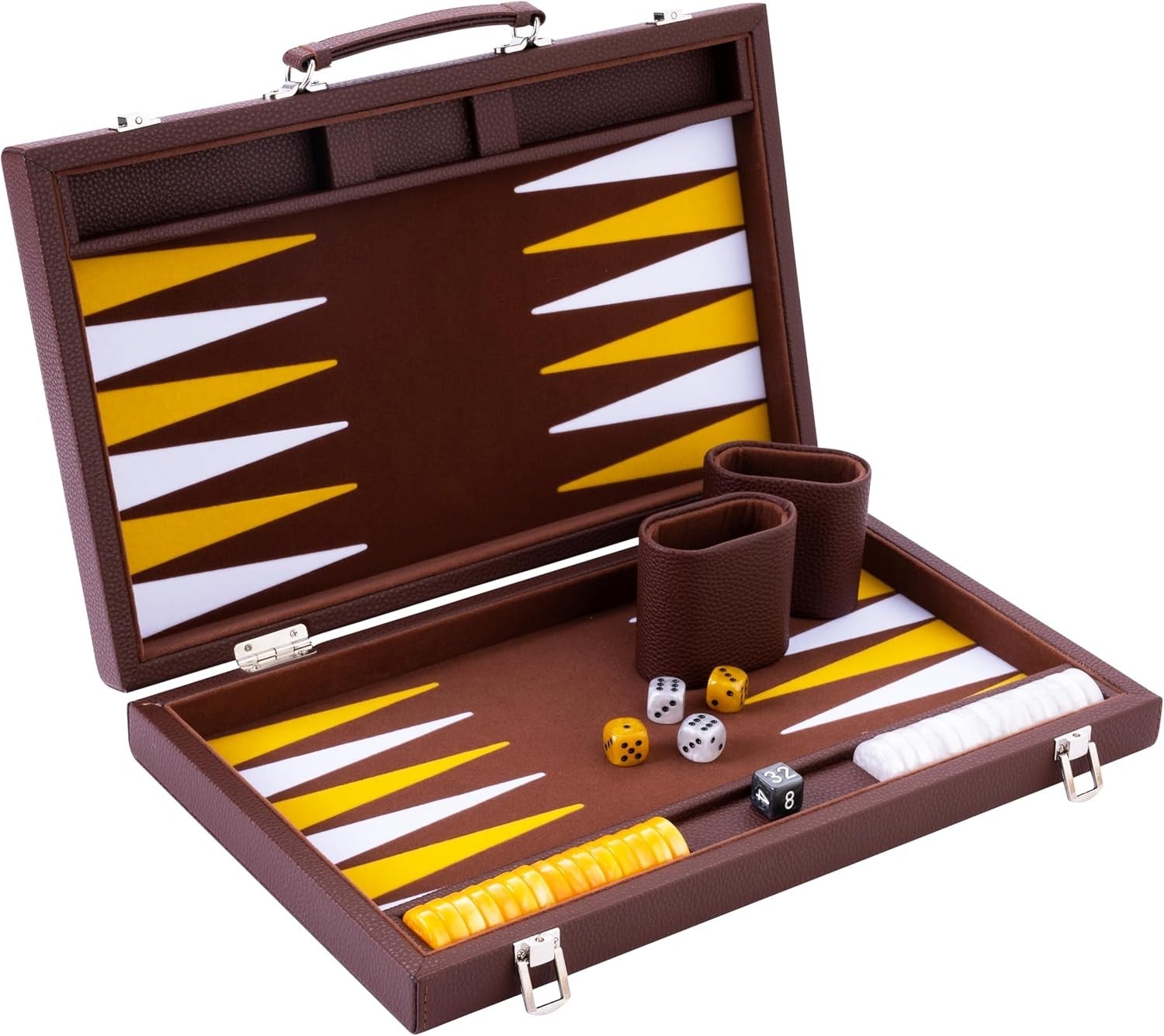 Luxury Backgammon Set 15in Faux Leather Case Travel Board Game with Dice Cups