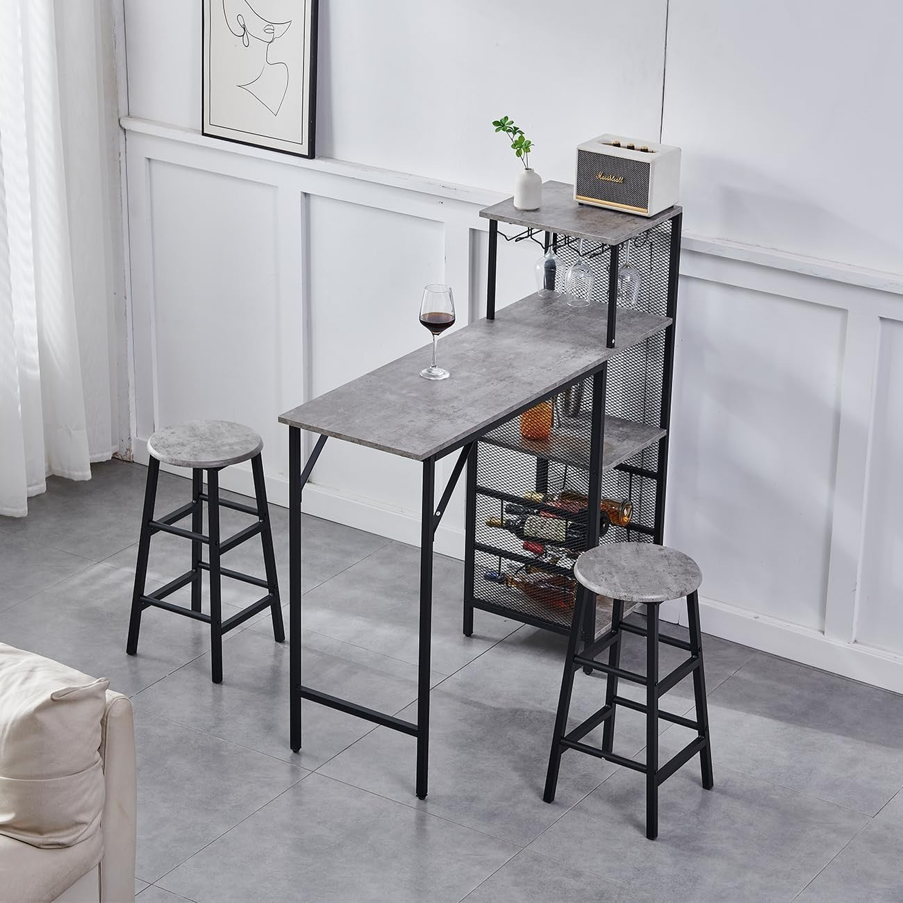 3Pcs Bar Table Set with Stools Wine Rack Cup Holder Grey Marble Dining Unit