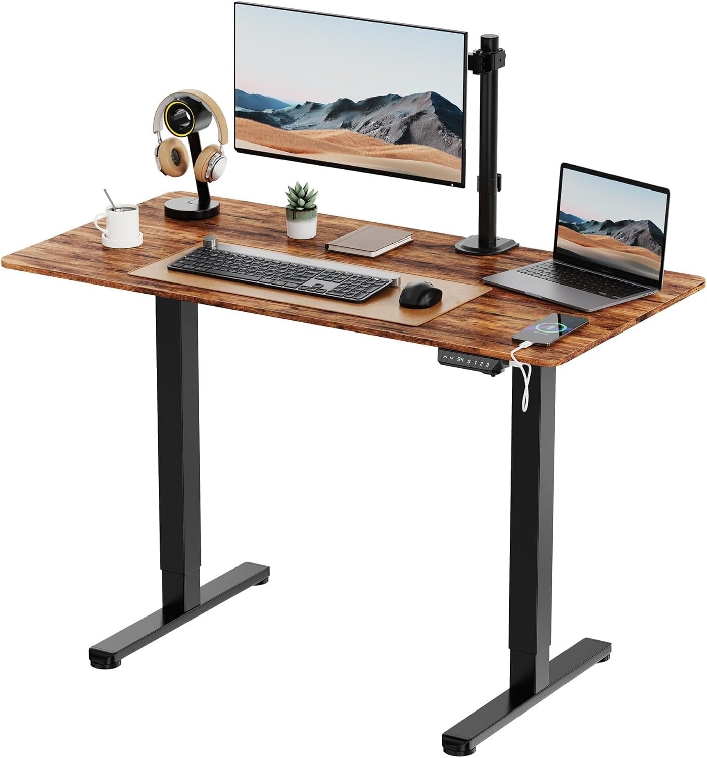 Rustic 120x60cm Electric Standing Desk with USB-C Charging & Memory Preset