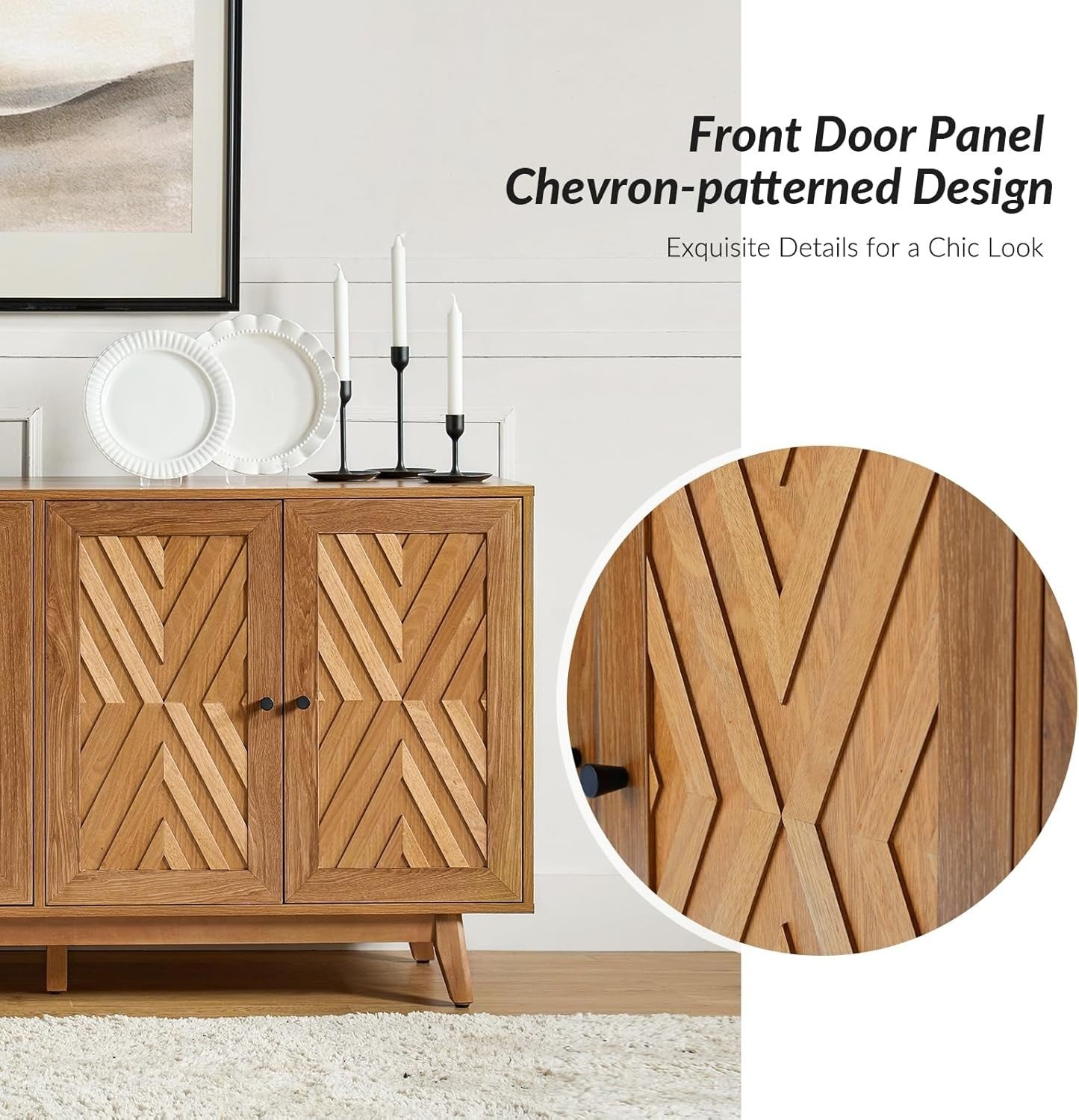 Walnut Sideboard Cabinet Chevron Design Adjustable Shelves Solid Legs